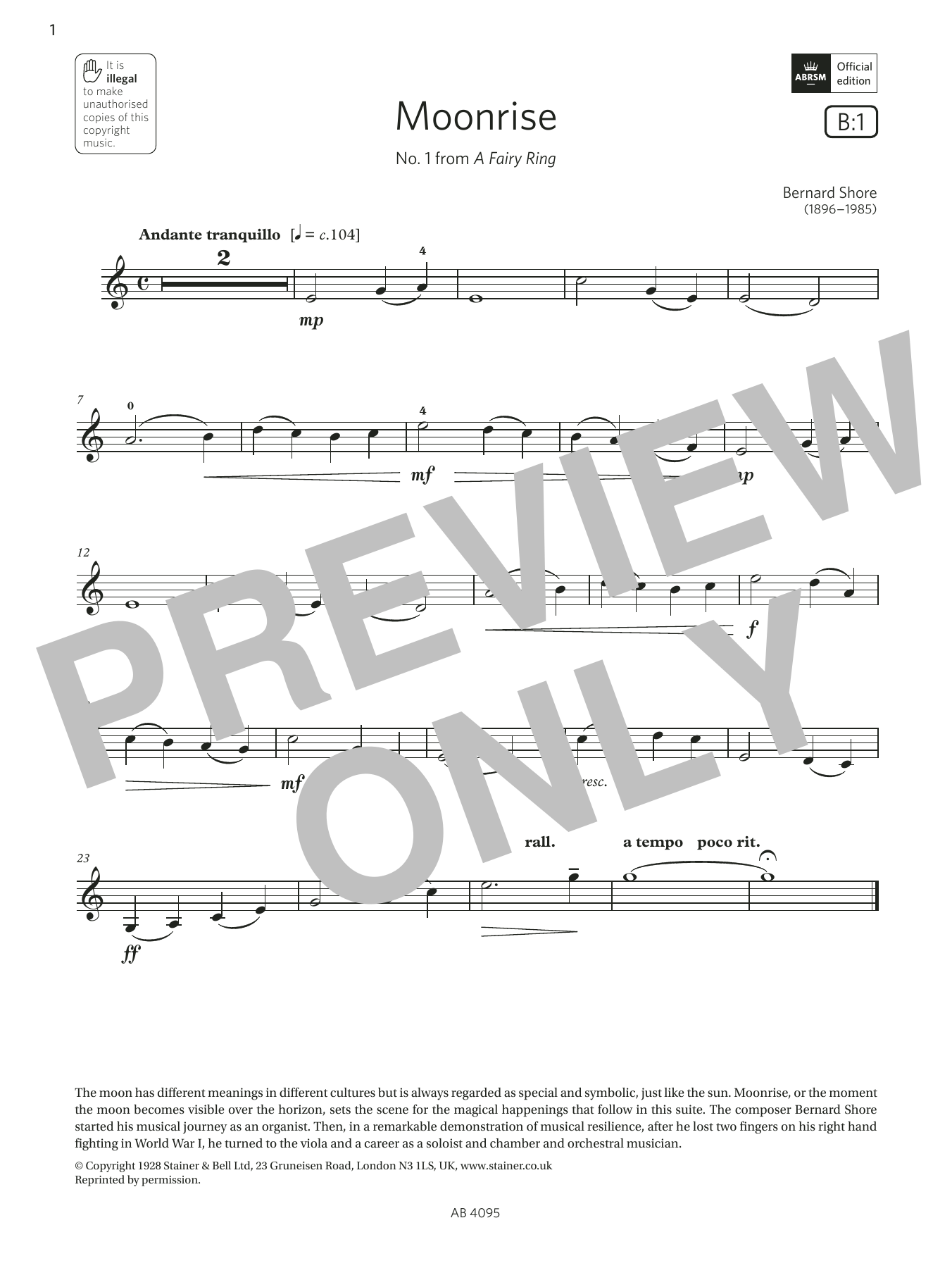 Download Bernard Shore Moonrise (Grade 1, B1, from the ABRSM Violin Syllabus from 2024) Sheet Music and learn how to play Violin Solo PDF digital score in minutes