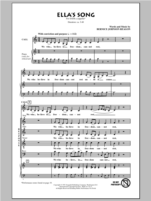 Download Bernice Johnson Reagon Ella's Song Sheet Music and learn how to play SATB PDF digital score in minutes