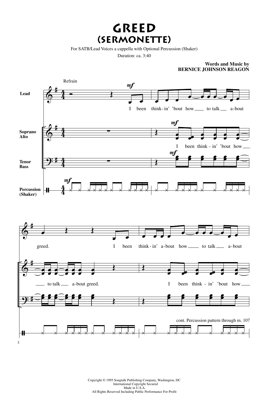 Download Bernice Johnson Reagon Greed Sheet Music and learn how to play SATB PDF digital score in minutes