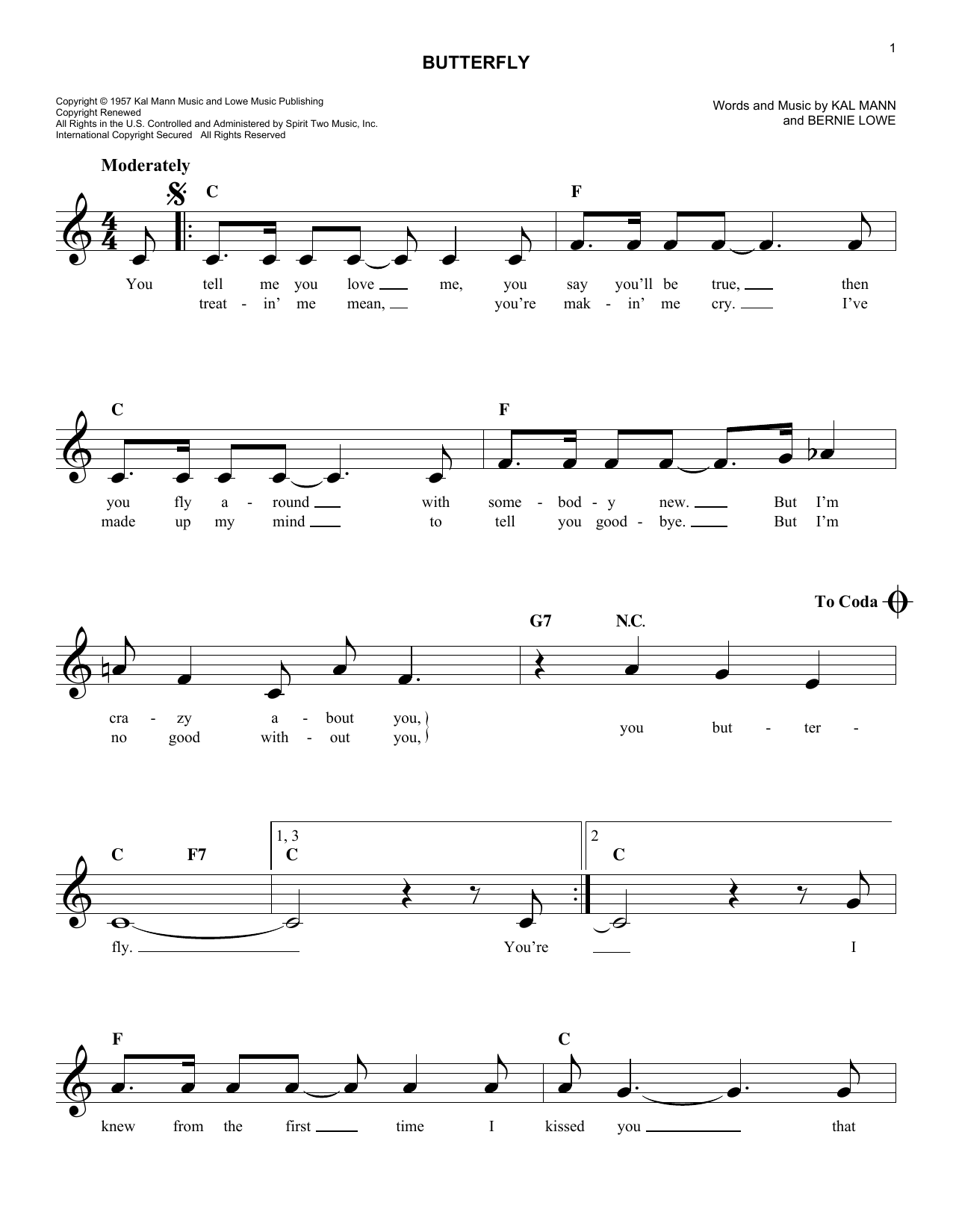 Download Bernie Lowe Butterfly Sheet Music and learn how to play Melody Line, Lyrics & Chords PDF digital score in minutes