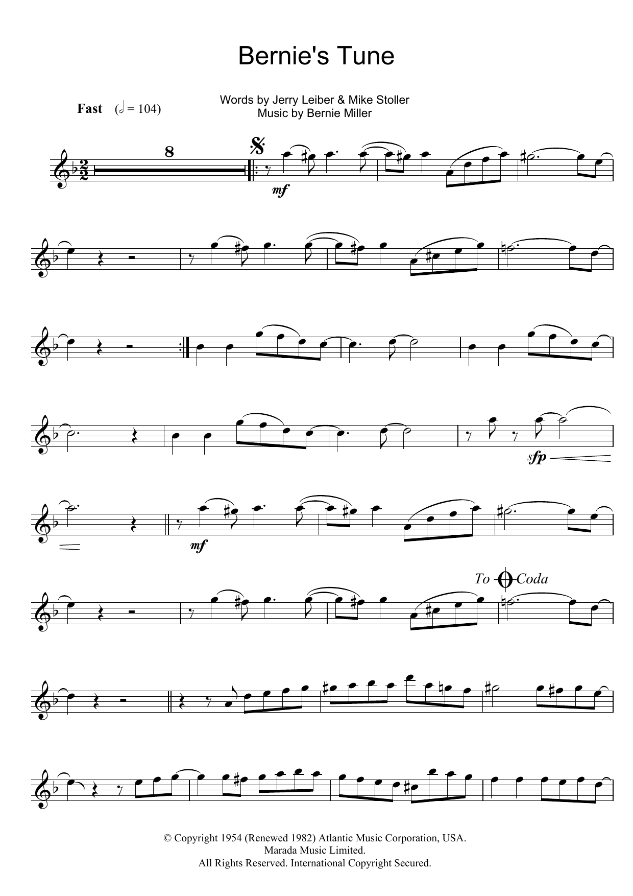 Download Bernie Miller Bernie's Tune Sheet Music and learn how to play Alto Saxophone PDF digital score in minutes