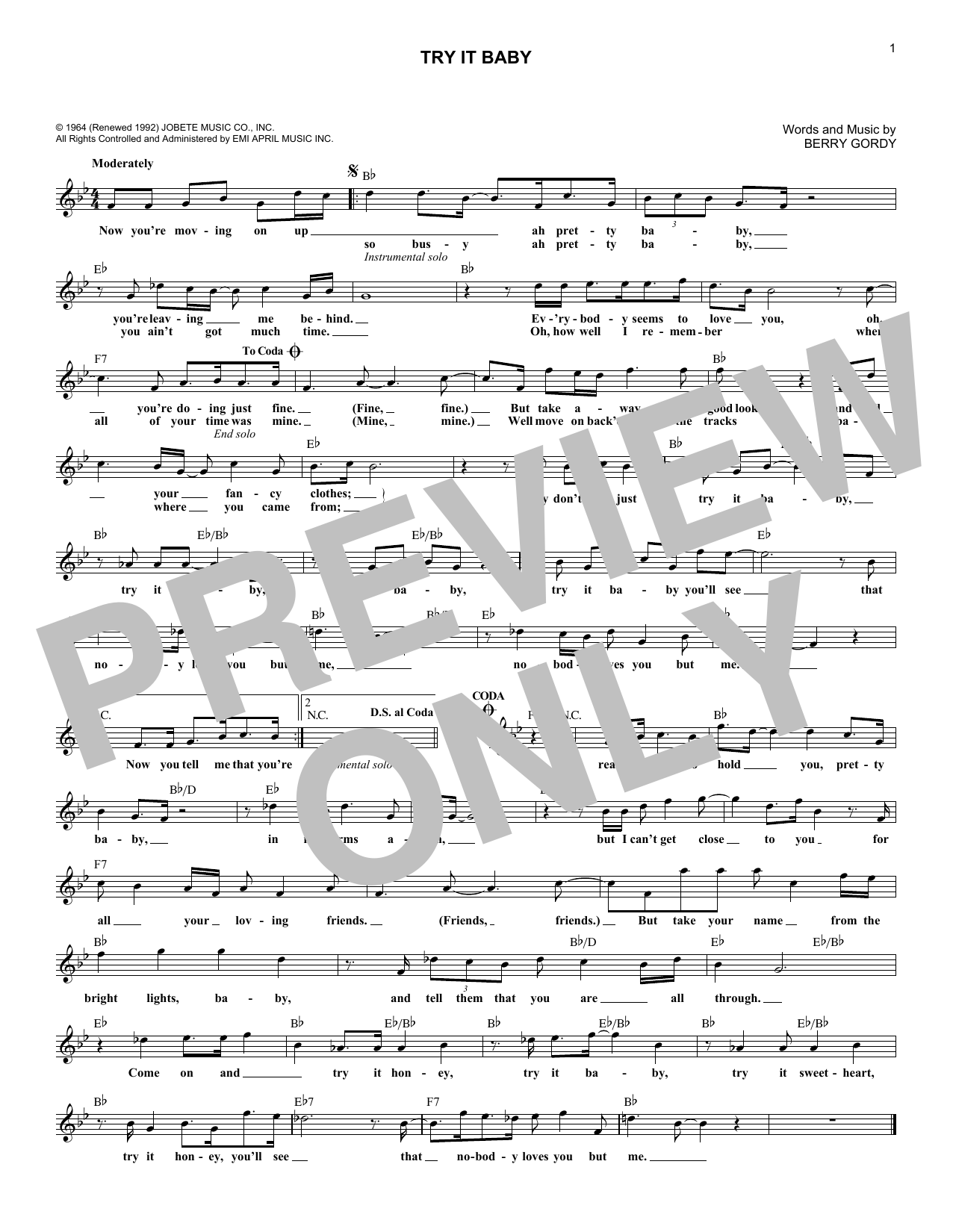 Download Berry Gordy Try It Baby Sheet Music and learn how to play Melody Line, Lyrics & Chords PDF digital score in minutes