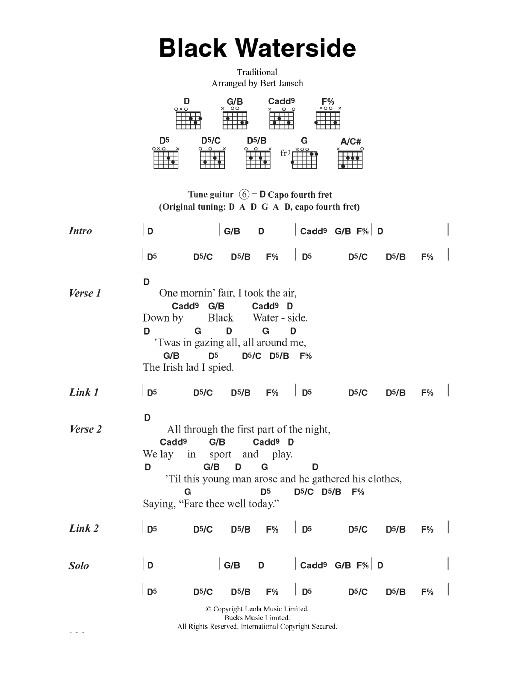 Download Bert Jansch Black Waterside Sheet Music and learn how to play Lyrics & Chords PDF digital score in minutes