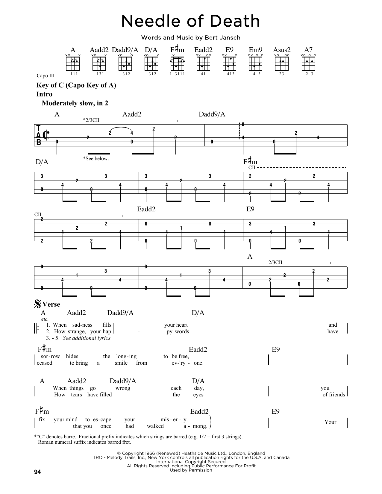 Download Bert Jansch Needle Of Death Sheet Music and learn how to play Guitar Lead Sheet PDF digital score in minutes