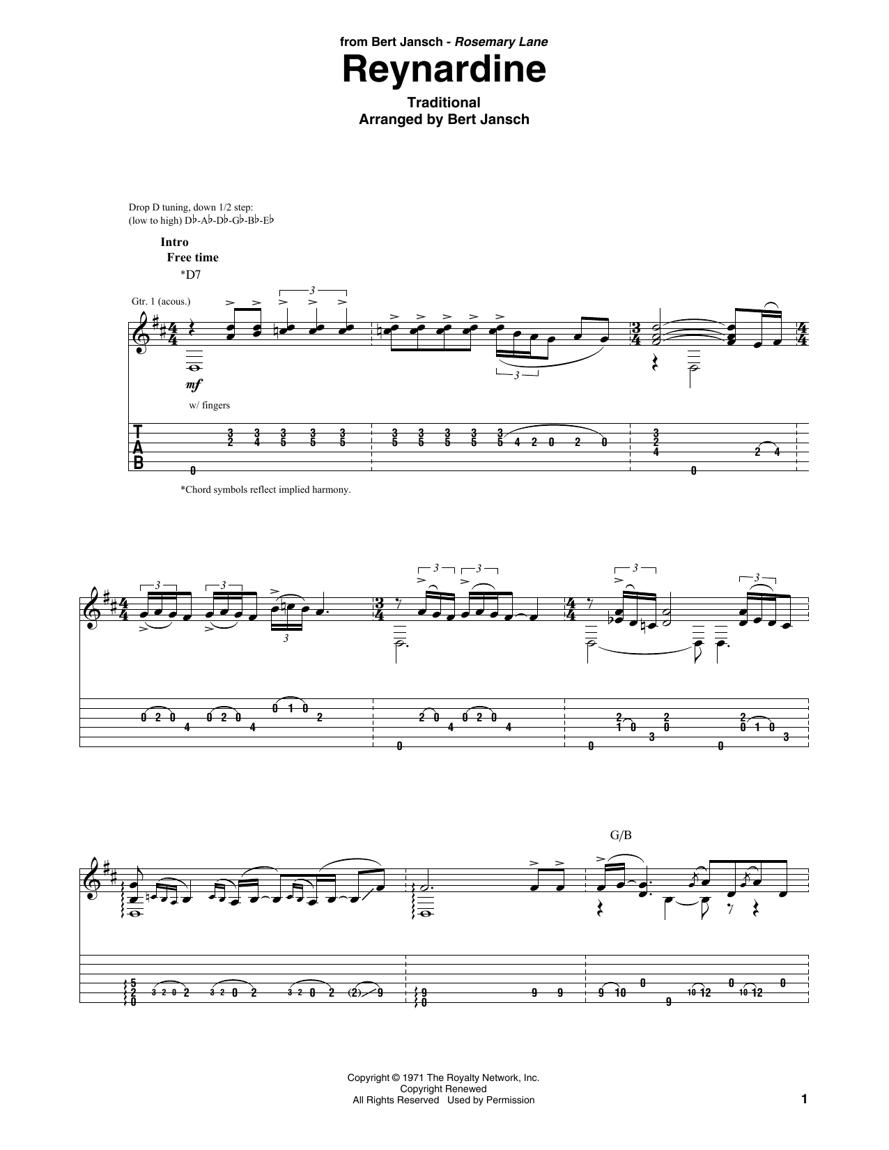 Download Bert Jansch Reynardine Sheet Music and learn how to play Solo Guitar PDF digital score in minutes