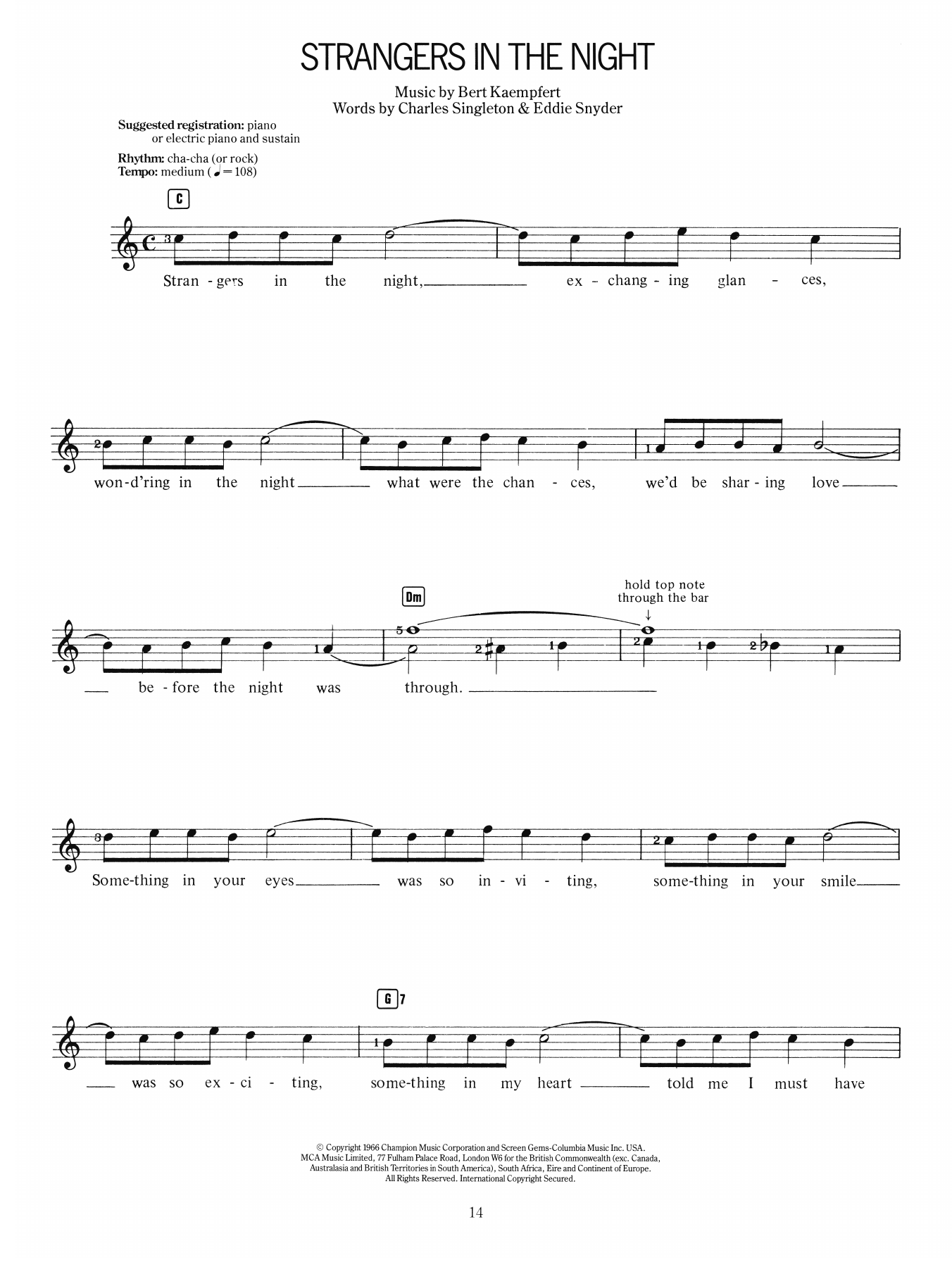 Download Bert Kaempfert Strangers In The Night Sheet Music and learn how to play Lead Sheet / Fake Book PDF digital score in minutes