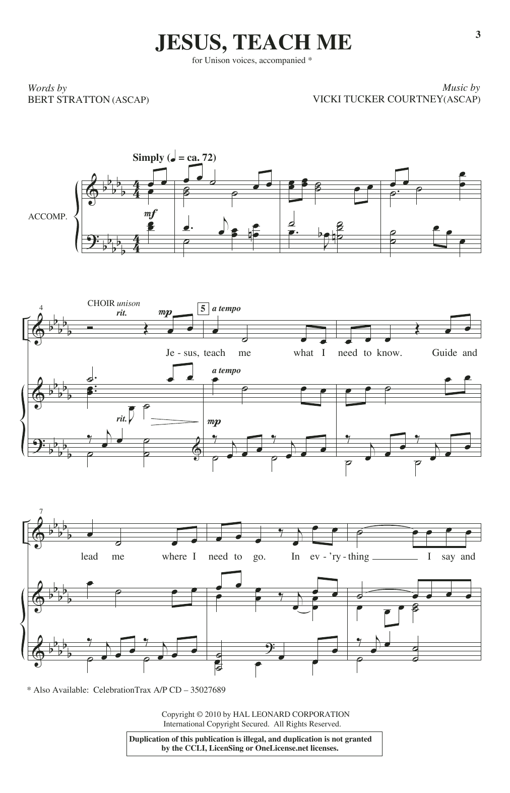 Download Bert Stratton and Vicki Tucker Courtney Jesus, Teach Me Sheet Music and learn how to play Unison Choir PDF digital score in minutes