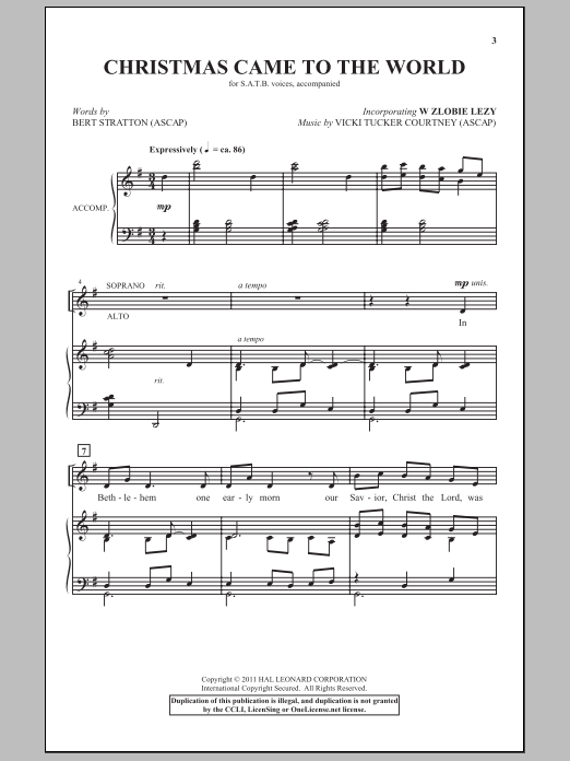 Download Vicki Tucker Courtney Christmas Came To The World Sheet Music and learn how to play SATB PDF digital score in minutes