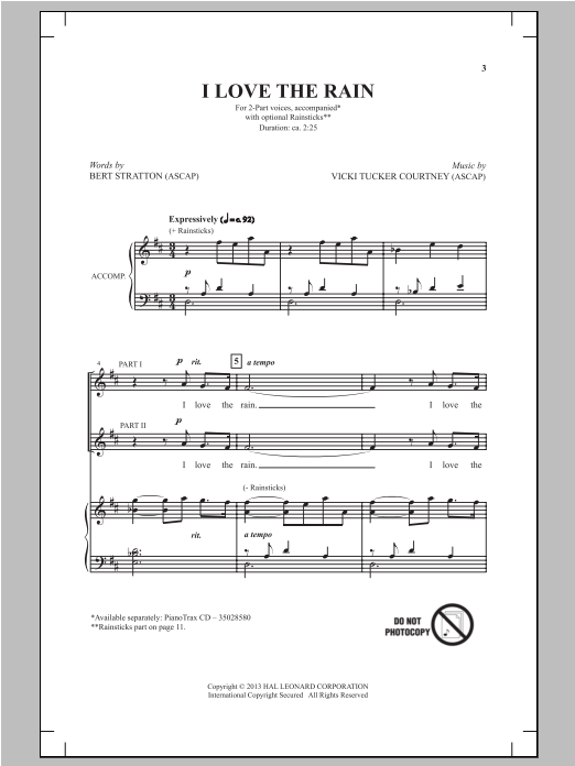 Download Bert Stratton I Love The Rain Sheet Music and learn how to play 2-Part Choir PDF digital score in minutes