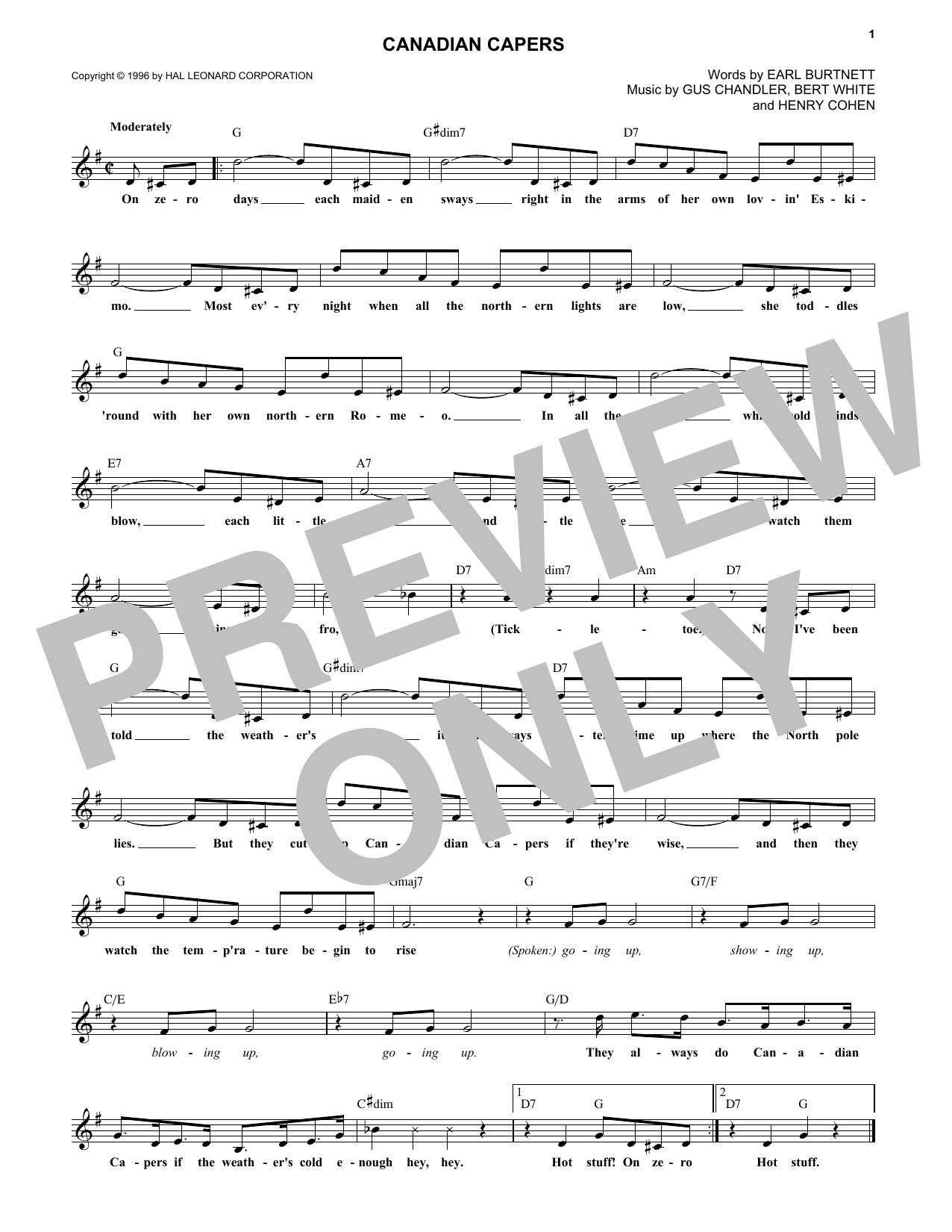 Download Bert White Canadian Capers Sheet Music and learn how to play Melody Line, Lyrics & Chords PDF digital score in minutes