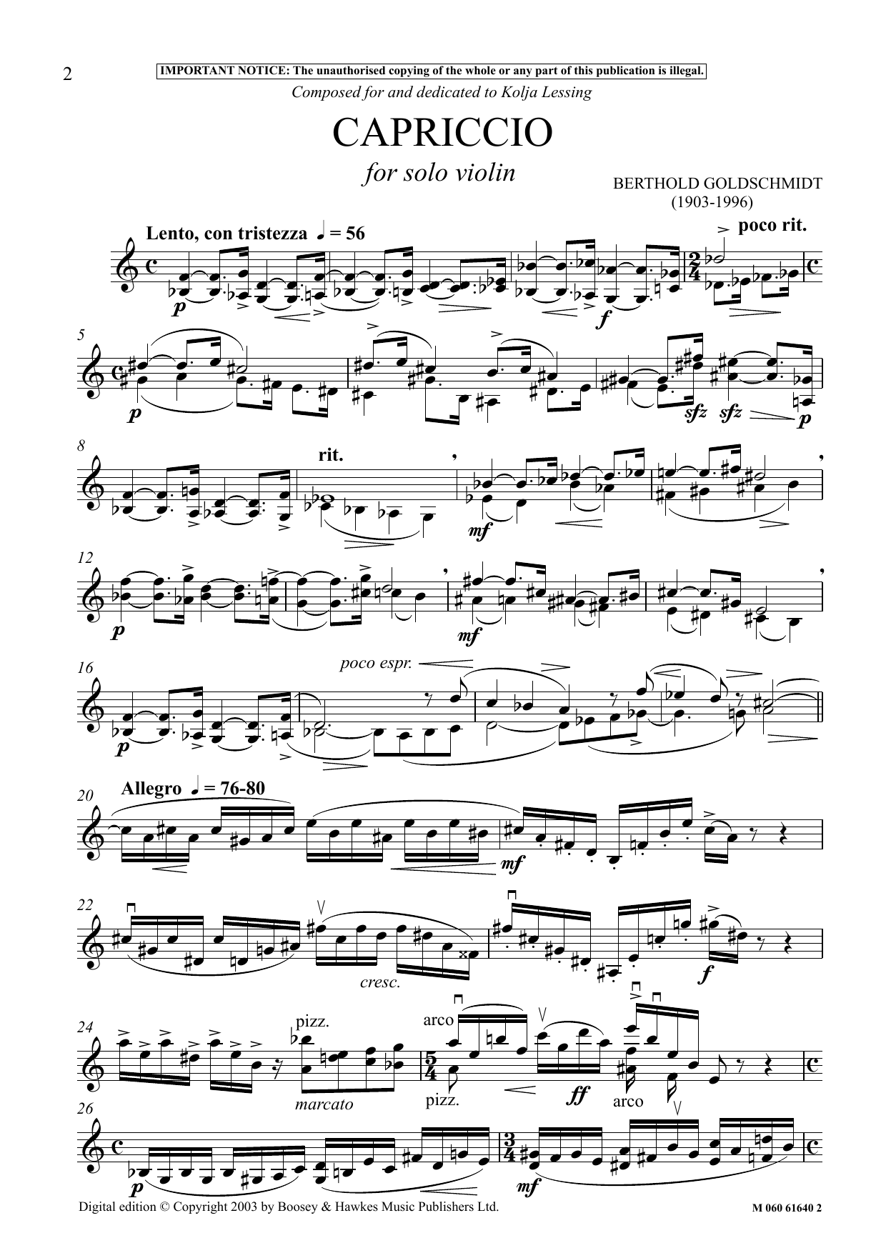 Download Berthold Goldschmidt Capriccio For Solo Violin Sheet Music and learn how to play Instrumental Solo PDF digital score in minutes