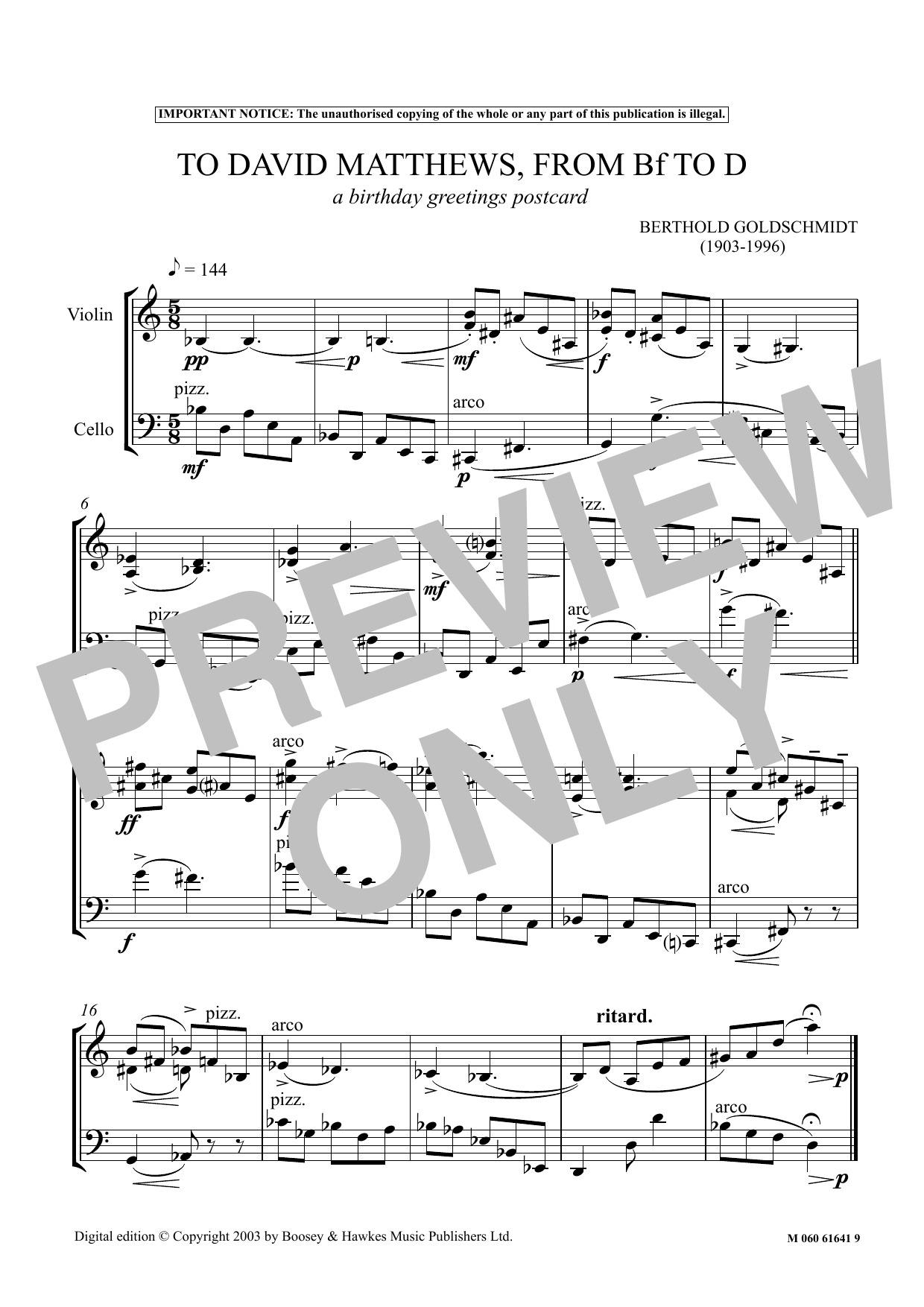Download Berthold Goldschmidt To David Matthews From Bf To D (A Birthday Greetings Postcard) Sheet Music and learn how to play Performance Ensemble PDF digital score in minutes
