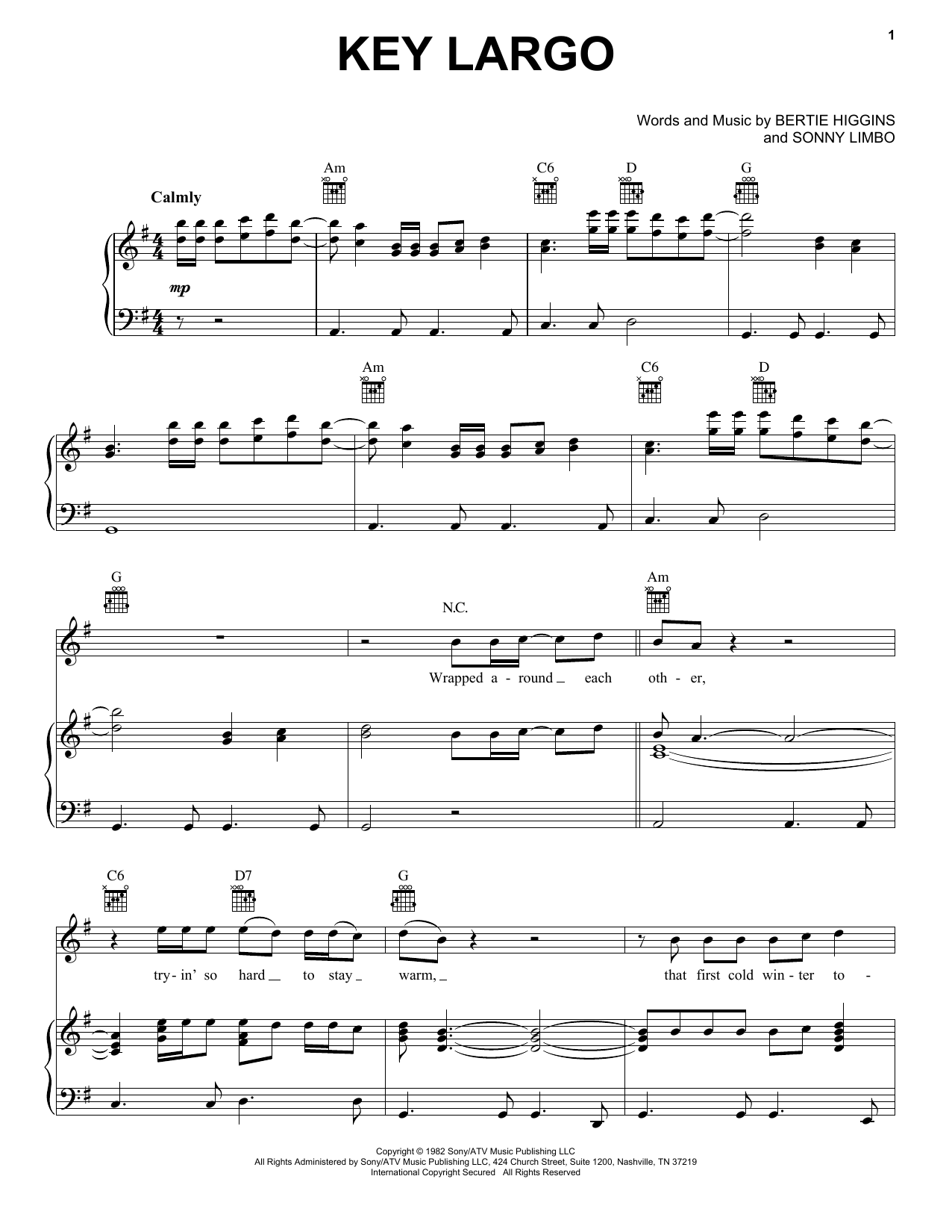 Download Bertie Higgins Key Largo Sheet Music and learn how to play Piano, Vocal & Guitar (Right-Hand Melody) PDF digital score in minutes