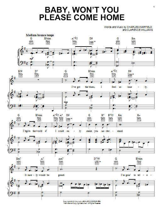 Download Bessie Smith Baby, Won't You Please Come Home Sheet Music and learn how to play Piano, Vocal & Guitar (Right-Hand Melody) PDF digital score in minutes