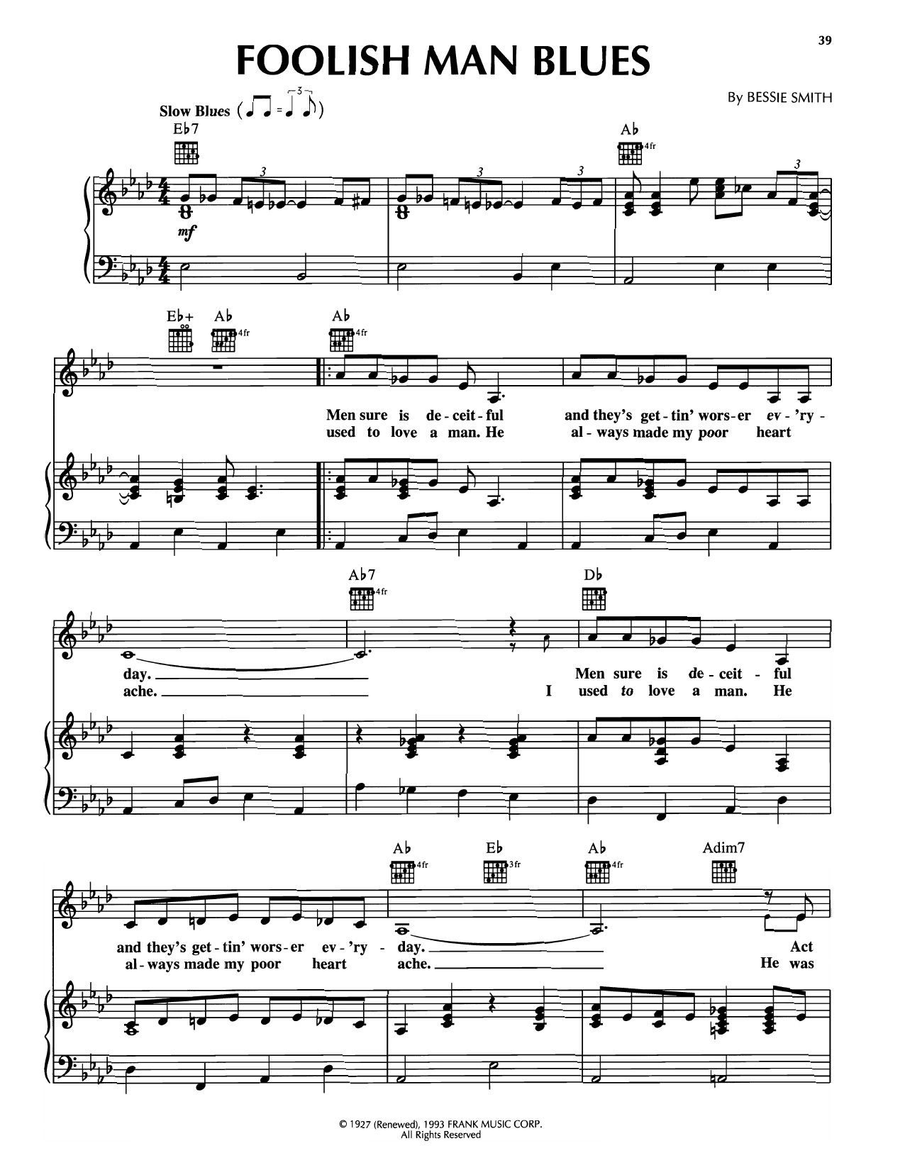Download Bessie Smith Foolish Man Blues Sheet Music and learn how to play Piano, Vocal & Guitar Chords (Right-Hand Melody) PDF digital score in minutes