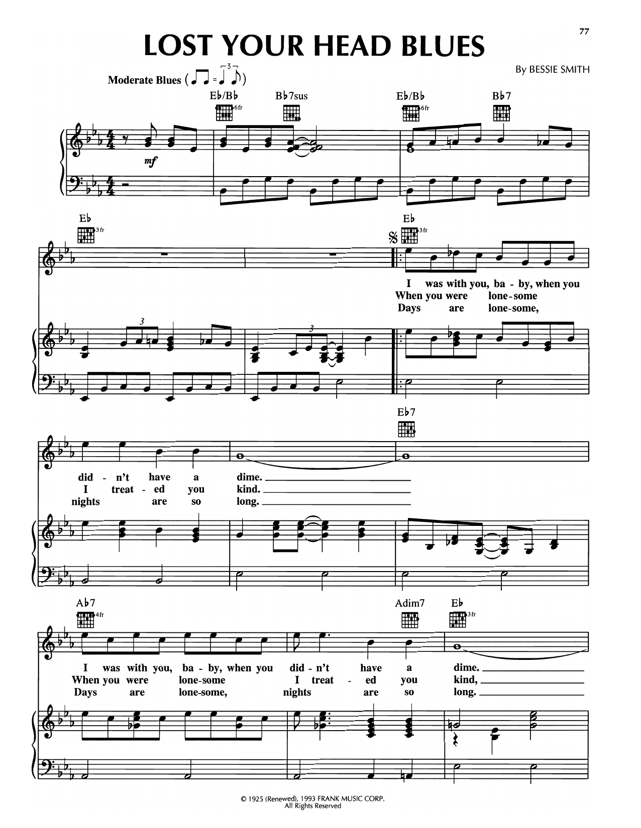 Download Bessie Smith Lost Your Head Blues Sheet Music and learn how to play Piano, Vocal & Guitar Chords (Right-Hand Melody) PDF digital score in minutes