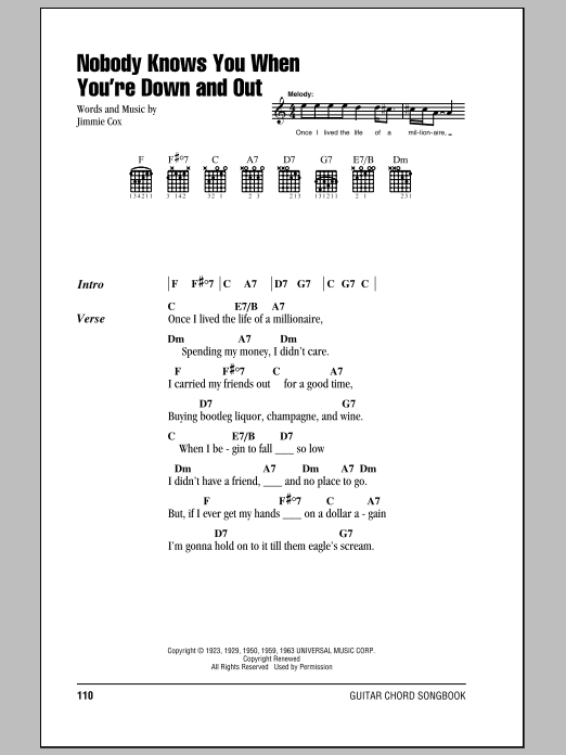 Download Bessie Smith Nobody Knows You When You're Down And Out Sheet Music and learn how to play Lyrics & Chords PDF digital score in minutes