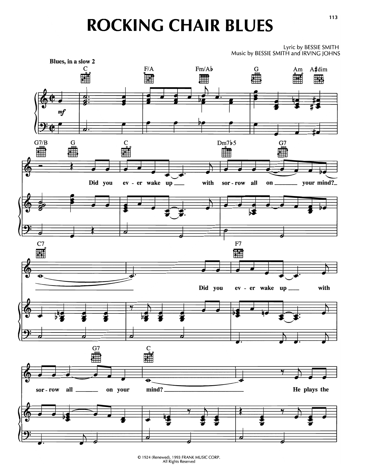 Download Bessie Smith Rocking Chair Blues Sheet Music and learn how to play Piano, Vocal & Guitar Chords (Right-Hand Melody) PDF digital score in minutes