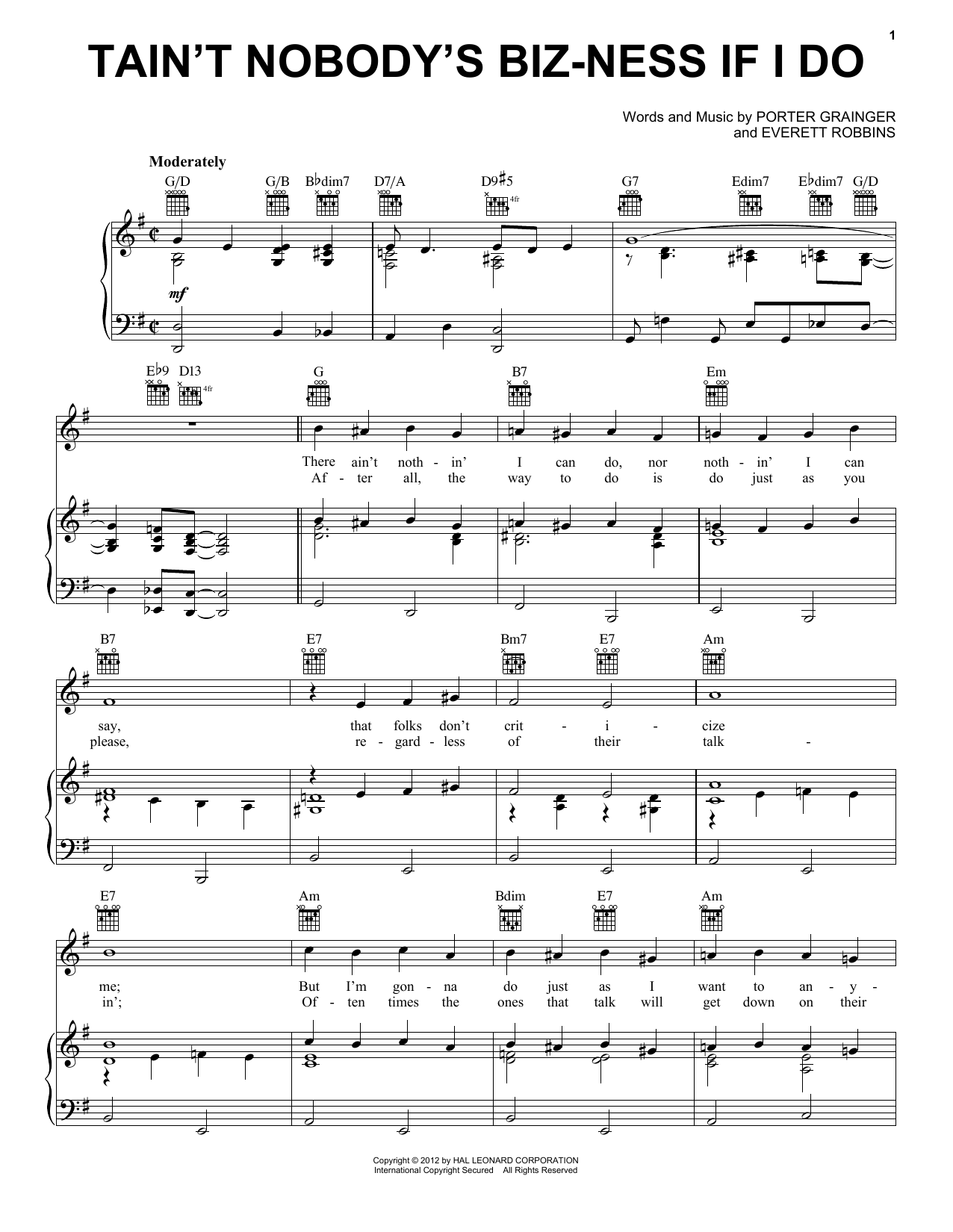 Download Bessie Smith Tain't Nobody's Biz-Ness If I Do Sheet Music and learn how to play Lyrics & Chords PDF digital score in minutes