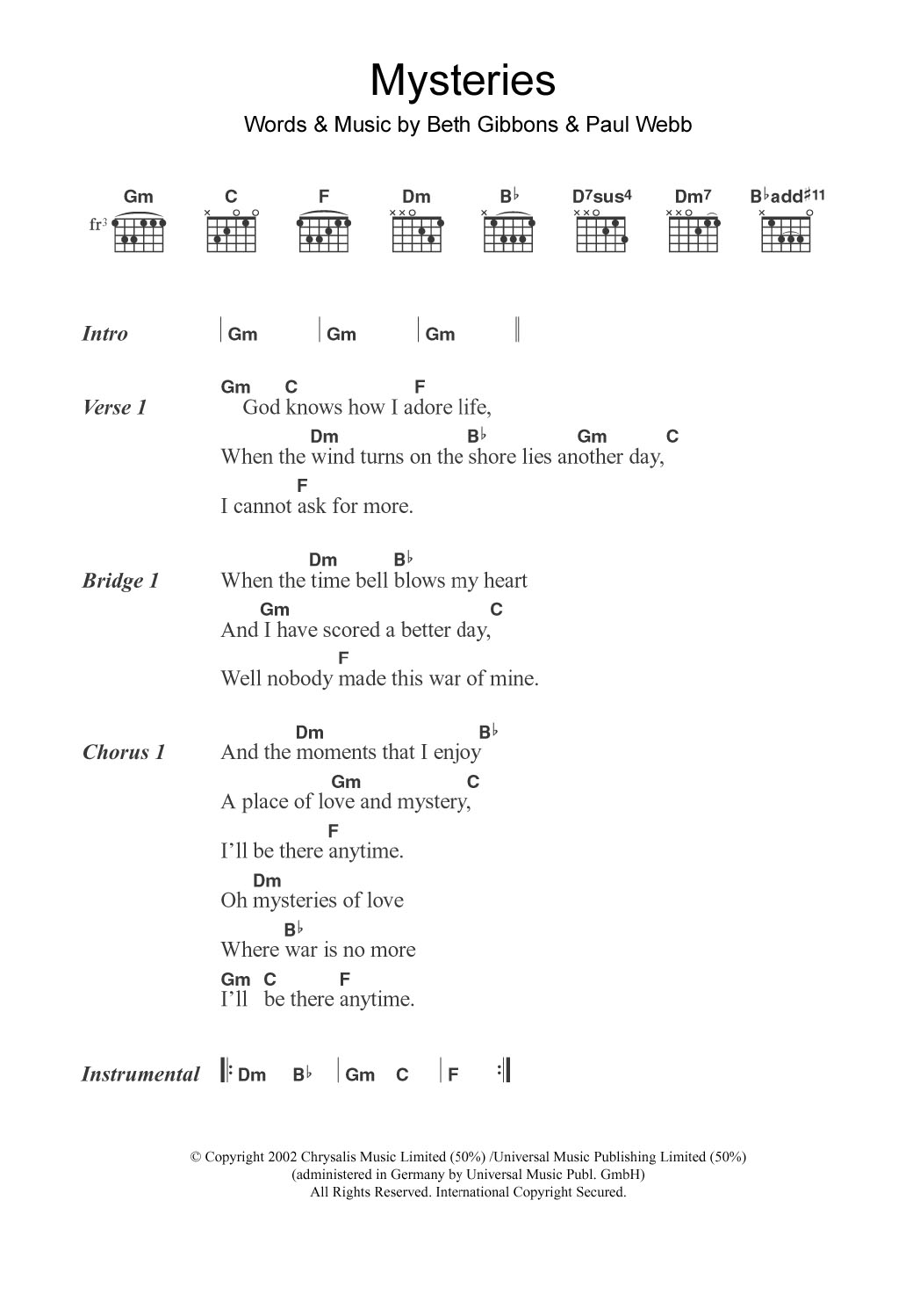 Download Beth Gibbons Mysteries Sheet Music and learn how to play Lyrics & Chords PDF digital score in minutes