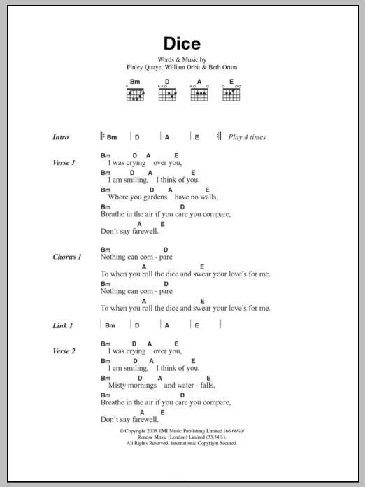 Download Beth Orton Dice Sheet Music and learn how to play Lyrics & Chords PDF digital score in minutes