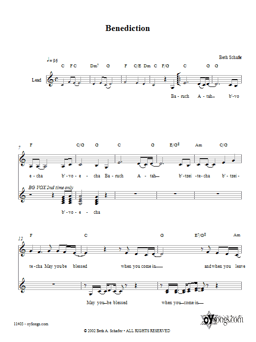 Download Beth Schafer Benediction Sheet Music and learn how to play Melody Line, Lyrics & Chords PDF digital score in minutes