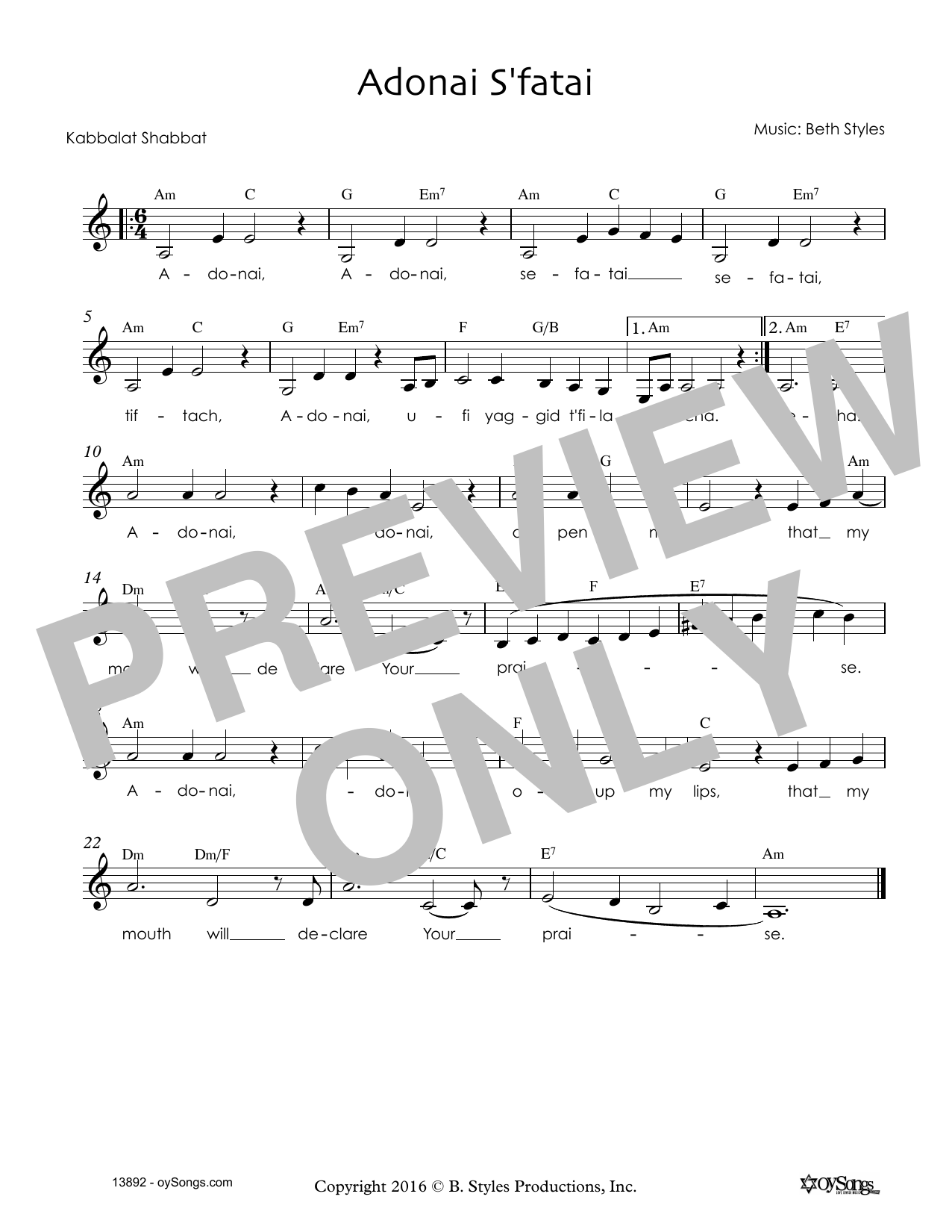 Download Beth Styles Adonai S'fatai Sheet Music and learn how to play Melody Line, Lyrics & Chords PDF digital score in minutes