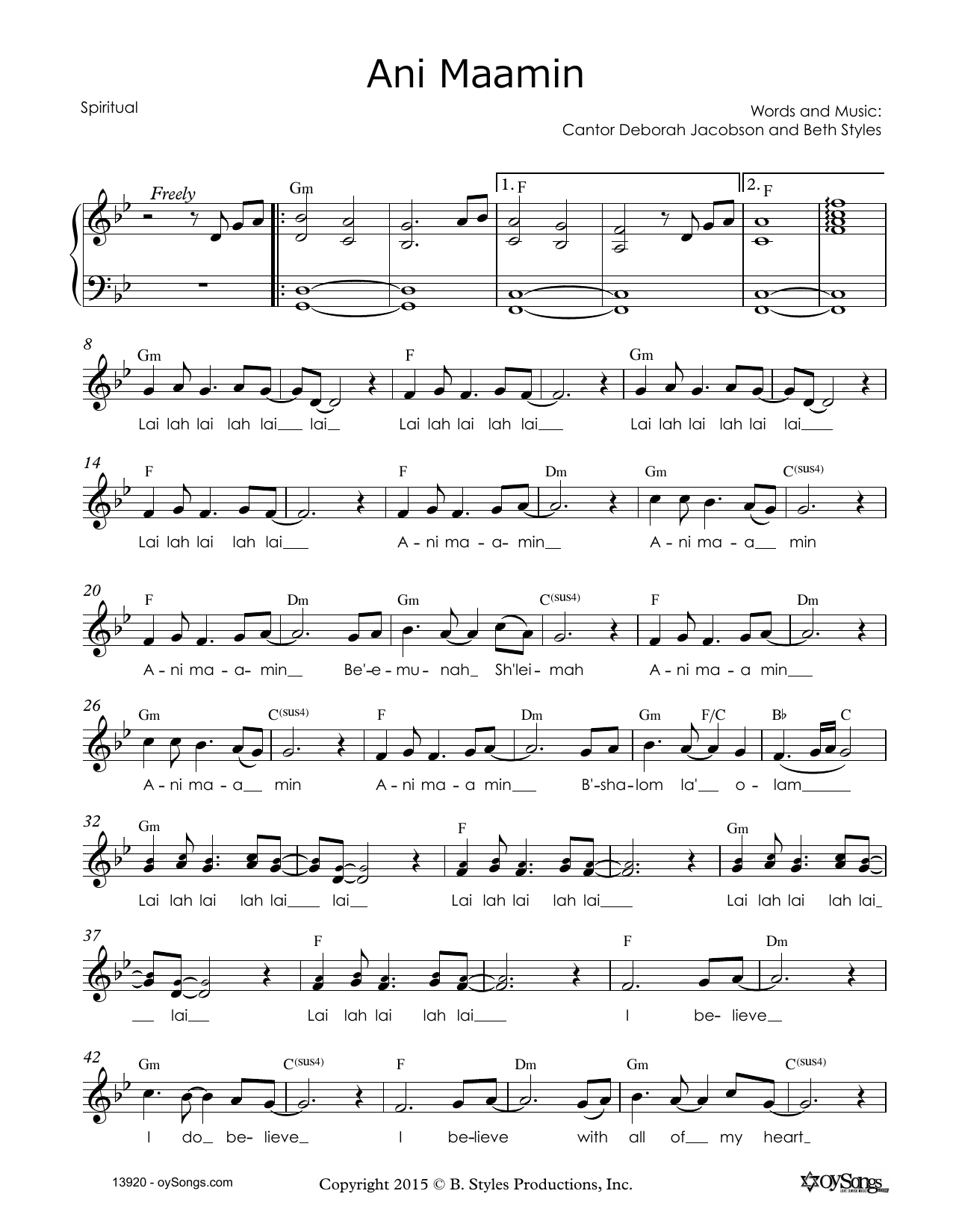 Download Beth Styles Ani Maamin Sheet Music and learn how to play Melody Line, Lyrics & Chords PDF digital score in minutes