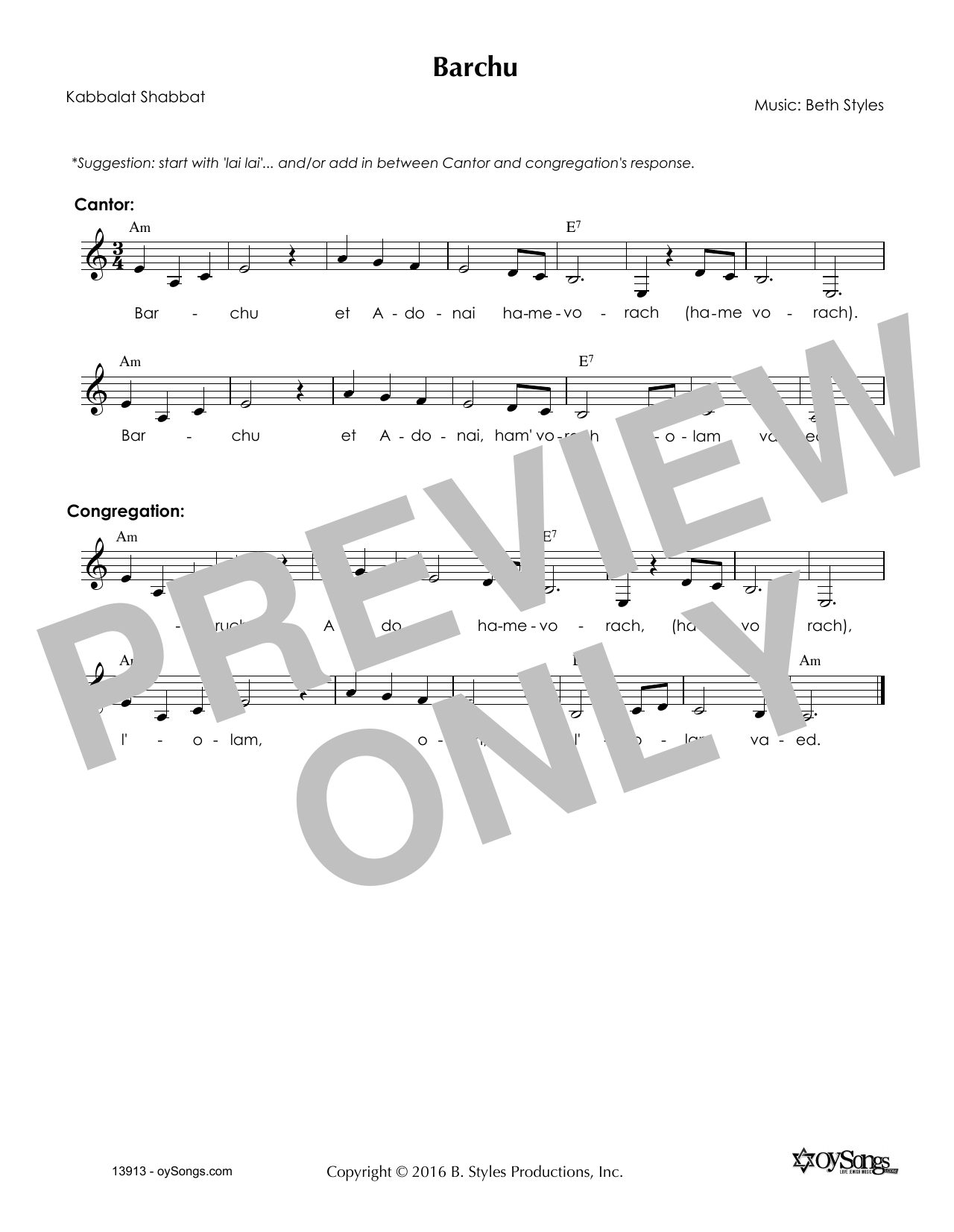 Download Beth Styles Barchu Sheet Music and learn how to play Melody Line, Lyrics & Chords PDF digital score in minutes