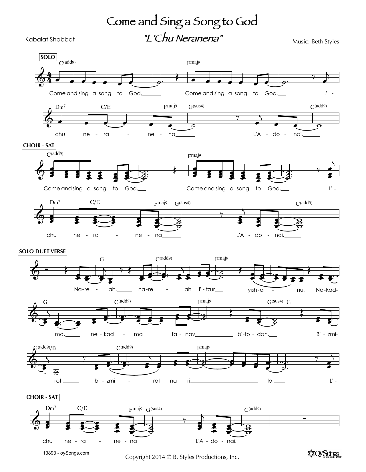 Download Beth Styles Come and Sing a Song to God - L'Chu Neranena Sheet Music and learn how to play Melody Line, Lyrics & Chords PDF digital score in minutes