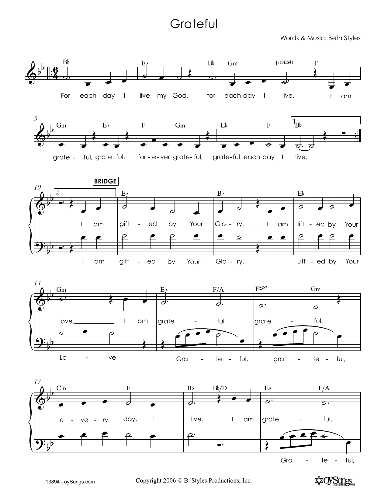 Download Beth Styles Grateful Sheet Music and learn how to play Melody Line, Lyrics & Chords PDF digital score in minutes