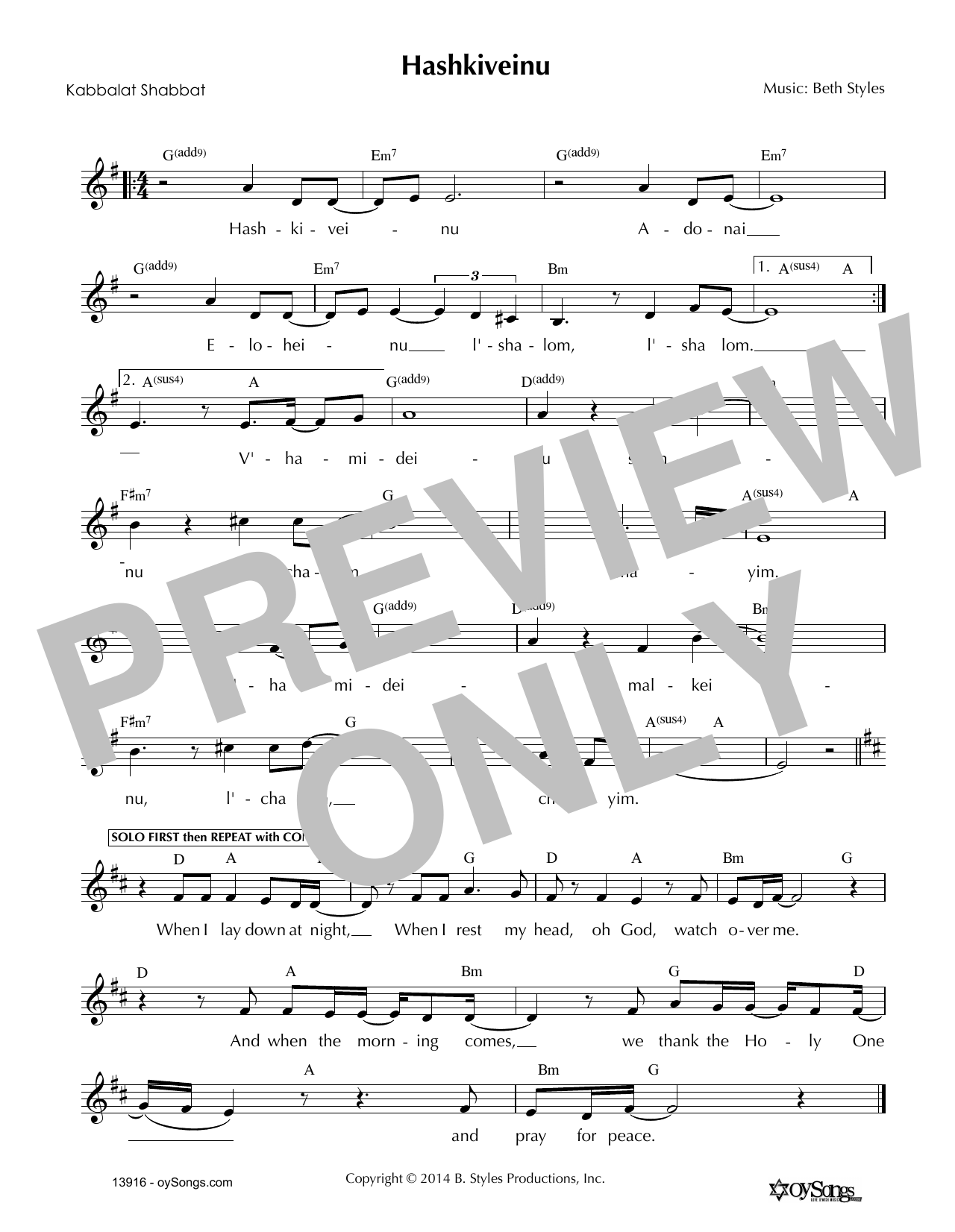 Download Beth Styles Hashkiveinu Sheet Music and learn how to play Melody Line, Lyrics & Chords PDF digital score in minutes