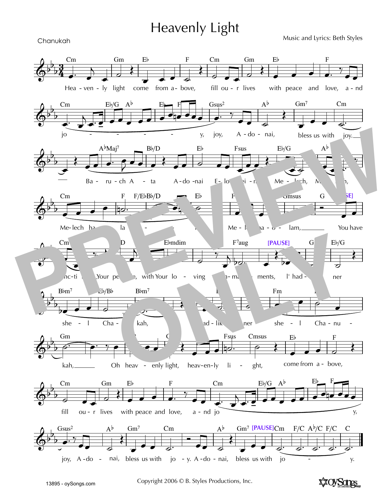 Download Beth Styles Heavenly Light (Chanukah) Sheet Music and learn how to play Melody Line, Lyrics & Chords PDF digital score in minutes
