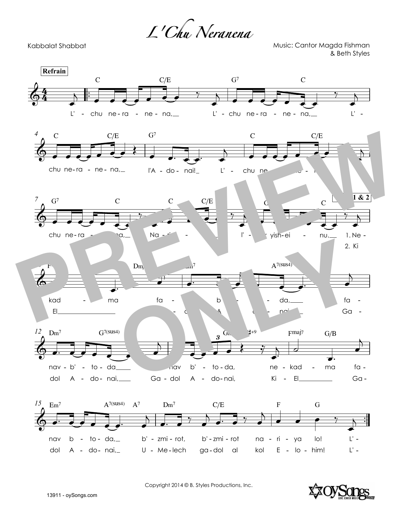 Download Beth Styles L'Chu Neranena Sheet Music and learn how to play Melody Line, Lyrics & Chords PDF digital score in minutes
