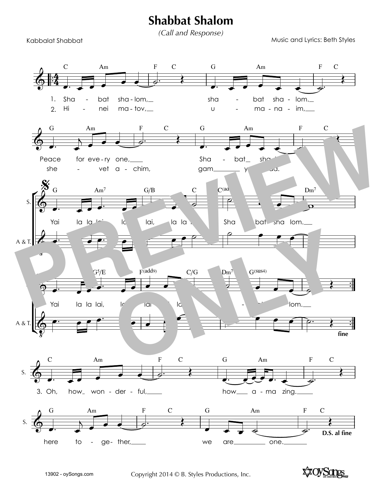 Download Beth Styles Shabbat Shalom (2part) Sheet Music and learn how to play Melody Line, Lyrics & Chords PDF digital score in minutes