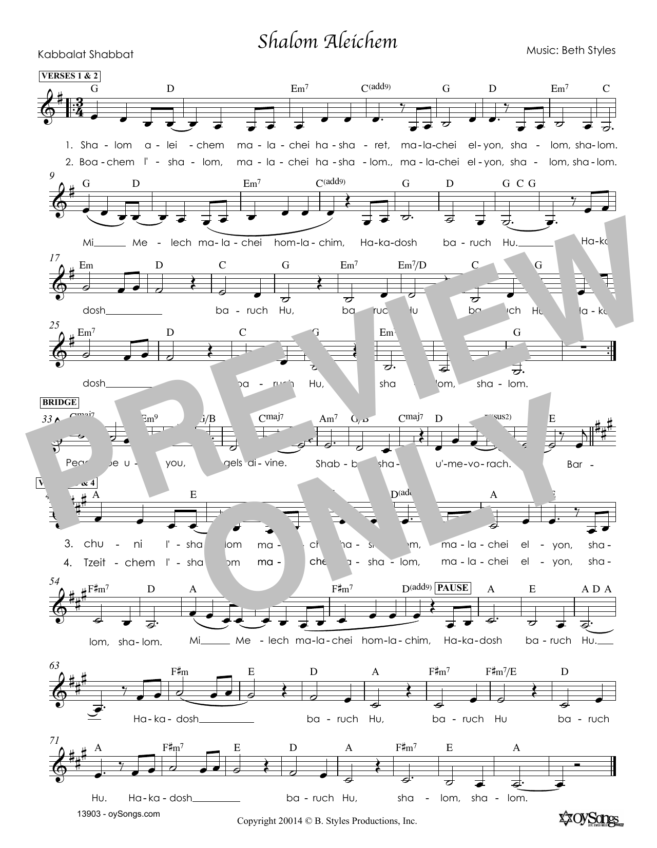 Download Beth Styles Shalom Aleichem Sheet Music and learn how to play Melody Line, Lyrics & Chords PDF digital score in minutes