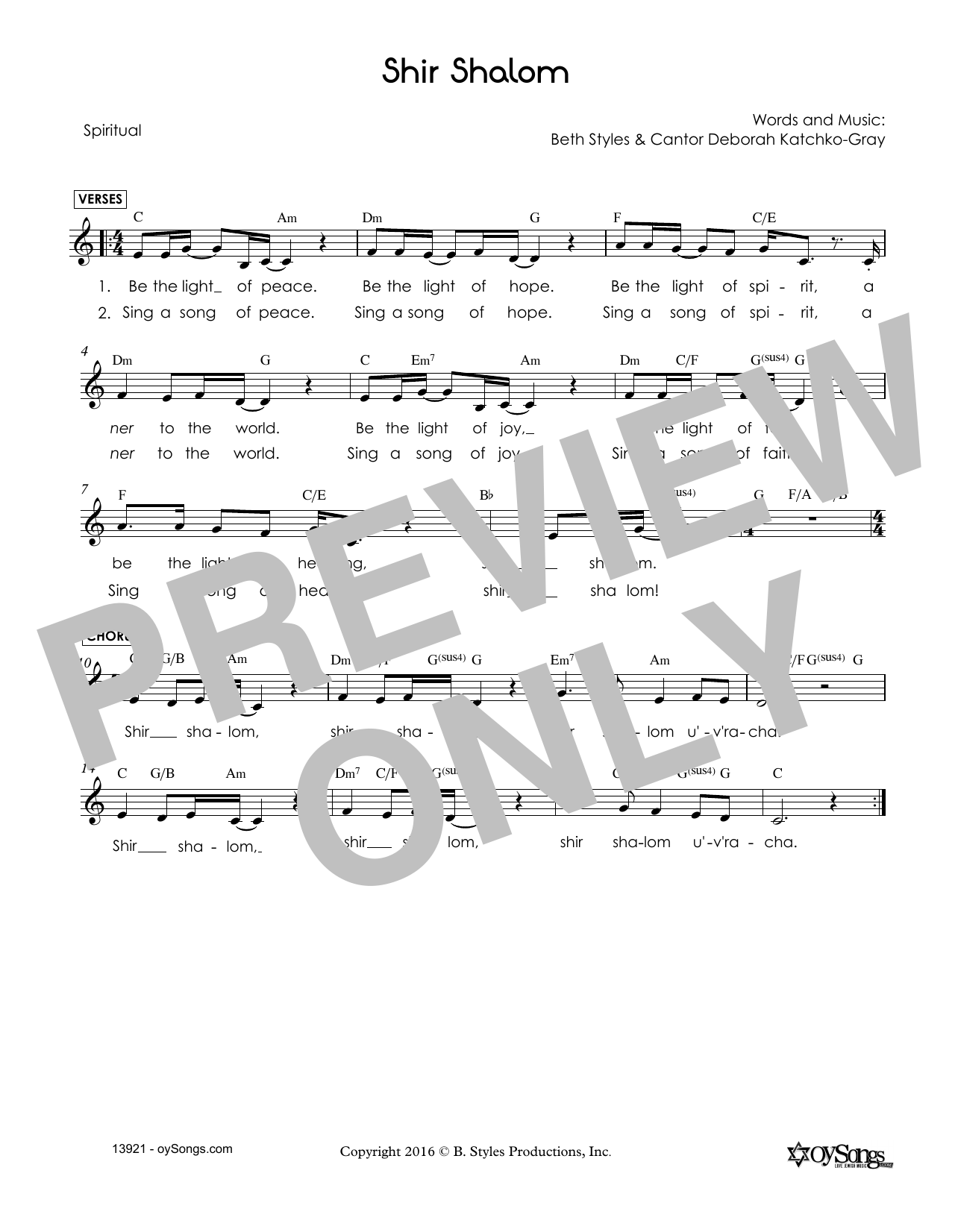 Download Beth Styles Shir Shalom Sheet Music and learn how to play Melody Line, Lyrics & Chords PDF digital score in minutes