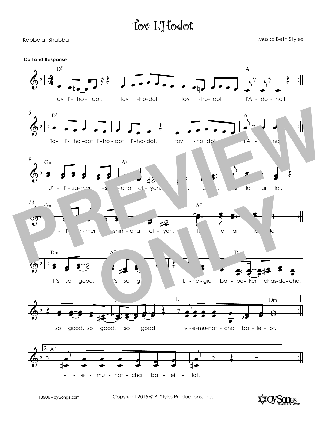 Download Beth Styles Tov L'Hodot Sheet Music and learn how to play Melody Line, Lyrics & Chords PDF digital score in minutes