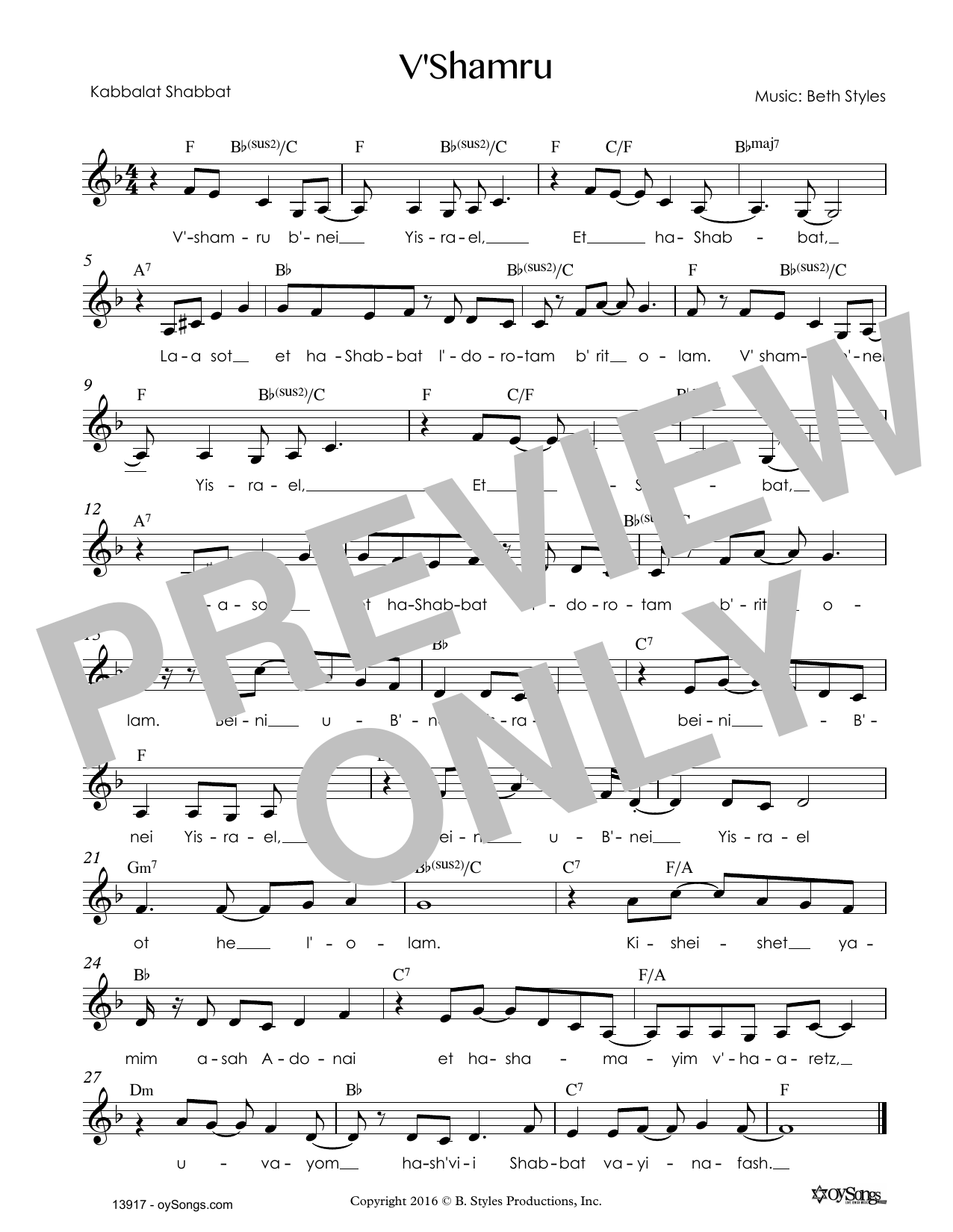 Download Beth Styles V'shamru Sheet Music and learn how to play Melody Line, Lyrics & Chords PDF digital score in minutes