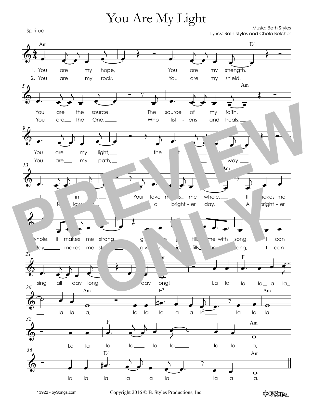 Download Beth Styles You Are My Light Sheet Music and learn how to play Melody Line, Lyrics & Chords PDF digital score in minutes