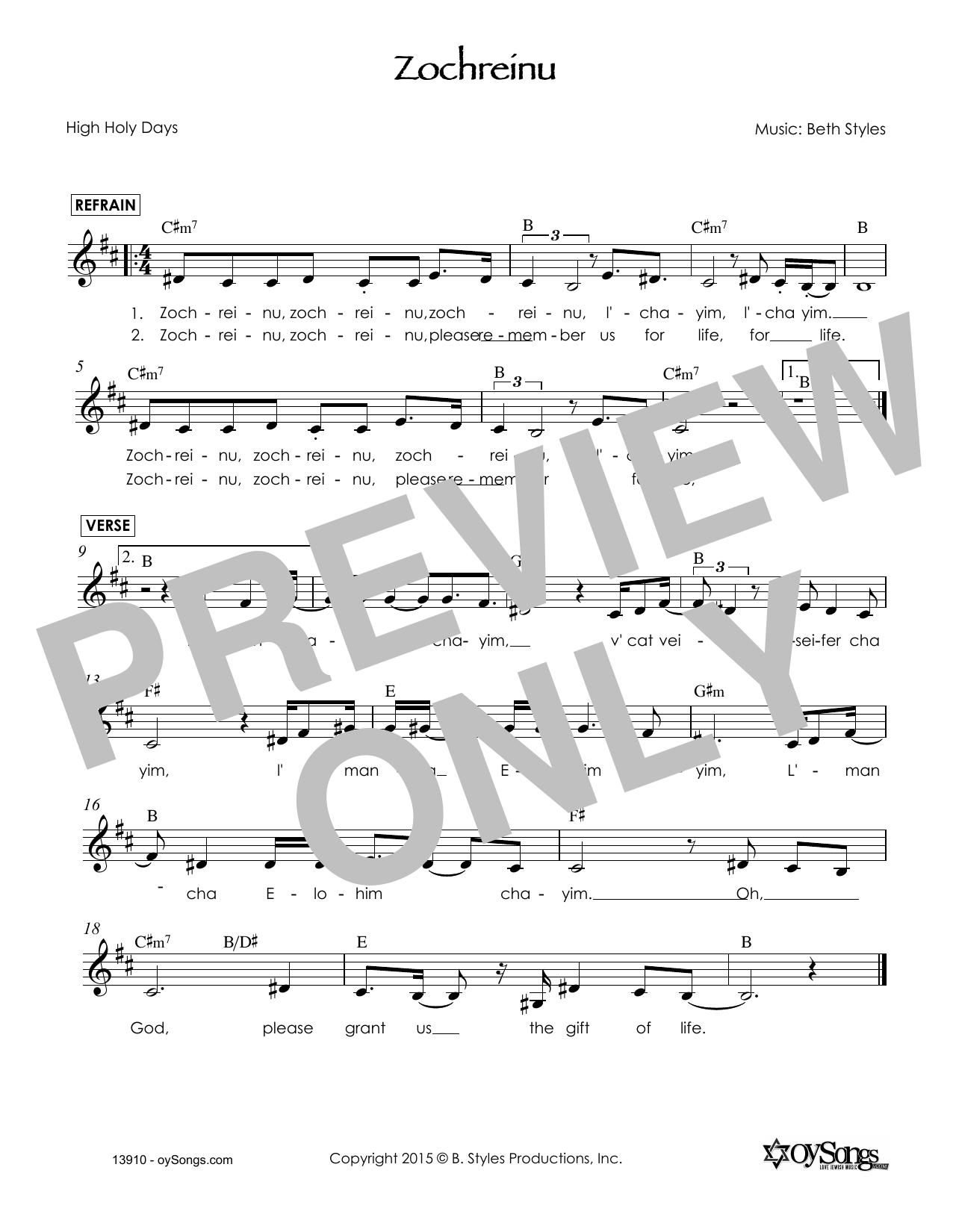 Download Beth Styles Zochreinu Sheet Music and learn how to play Melody Line, Lyrics & Chords PDF digital score in minutes