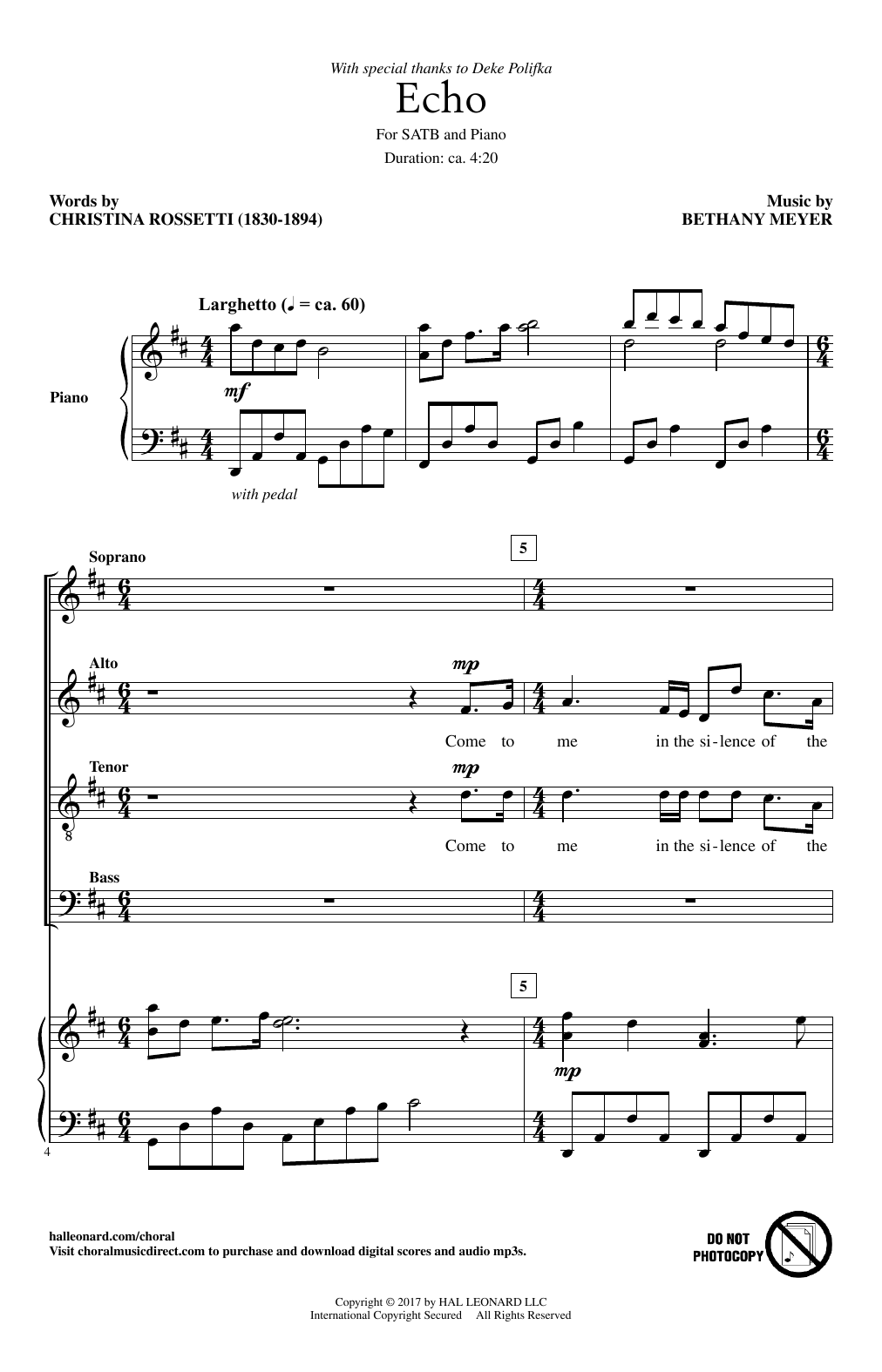 Download Bethany Meyer Echo Sheet Music and learn how to play SATB PDF digital score in minutes