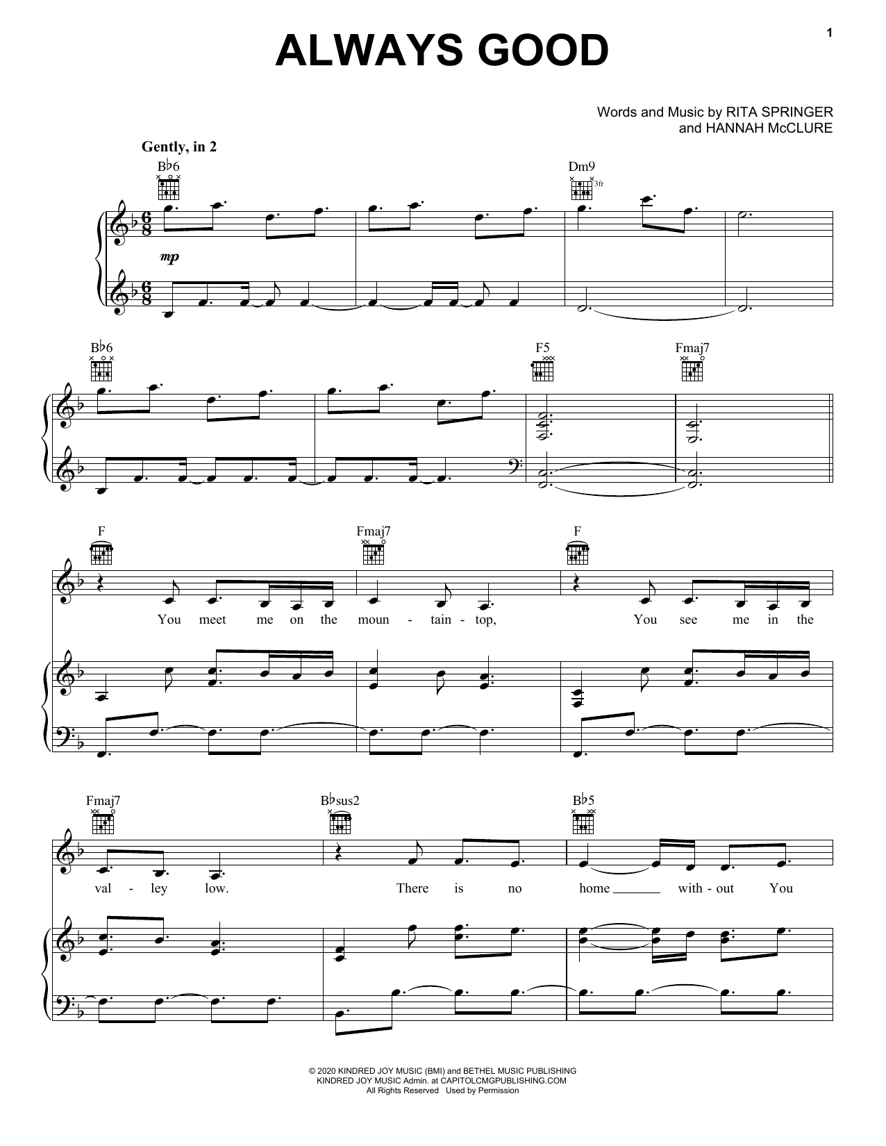 Download Bethel Music & Hannah McClure Always Good Sheet Music and learn how to play Piano, Vocal & Guitar Chords (Right-Hand Melody) PDF digital score in minutes