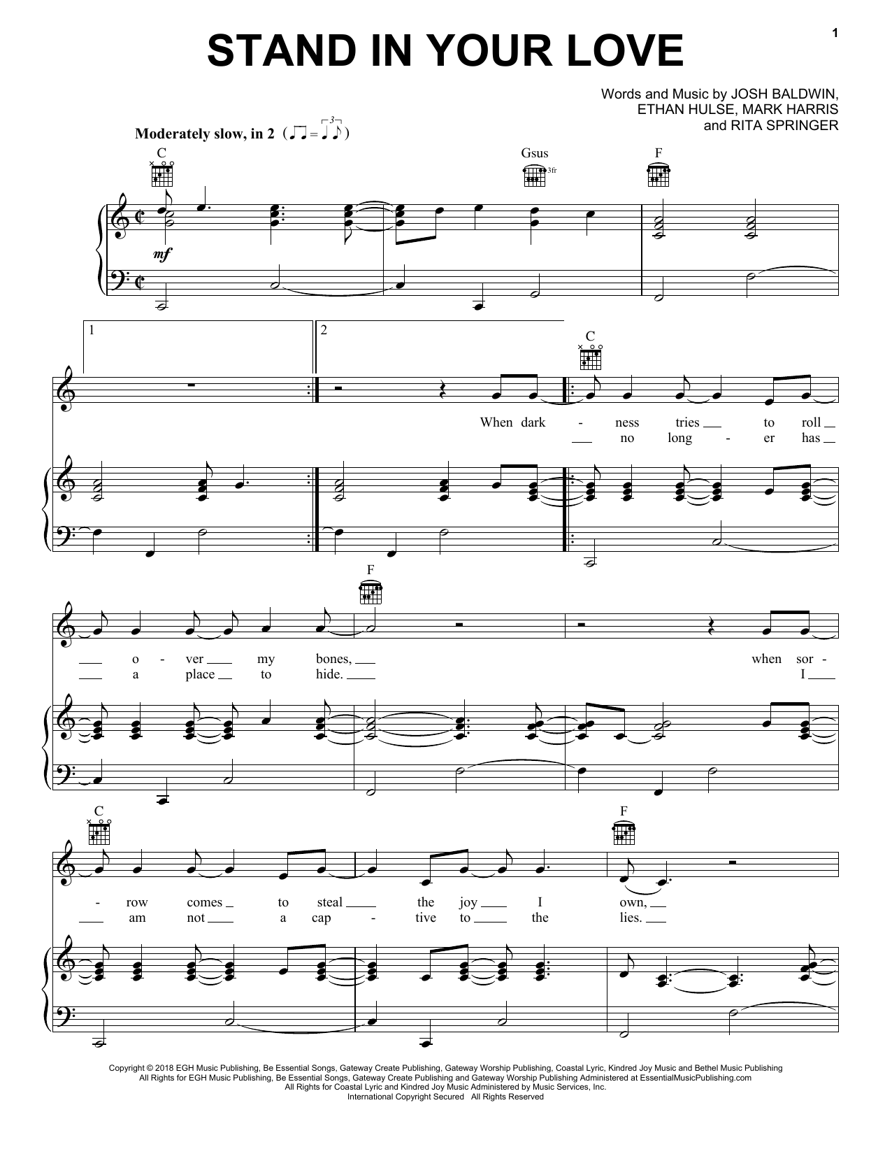 Download Bethel Music & Josh Baldwin Stand In Your Love Sheet Music and learn how to play Piano, Vocal & Guitar Chords (Right-Hand Melody) PDF digital score in minutes