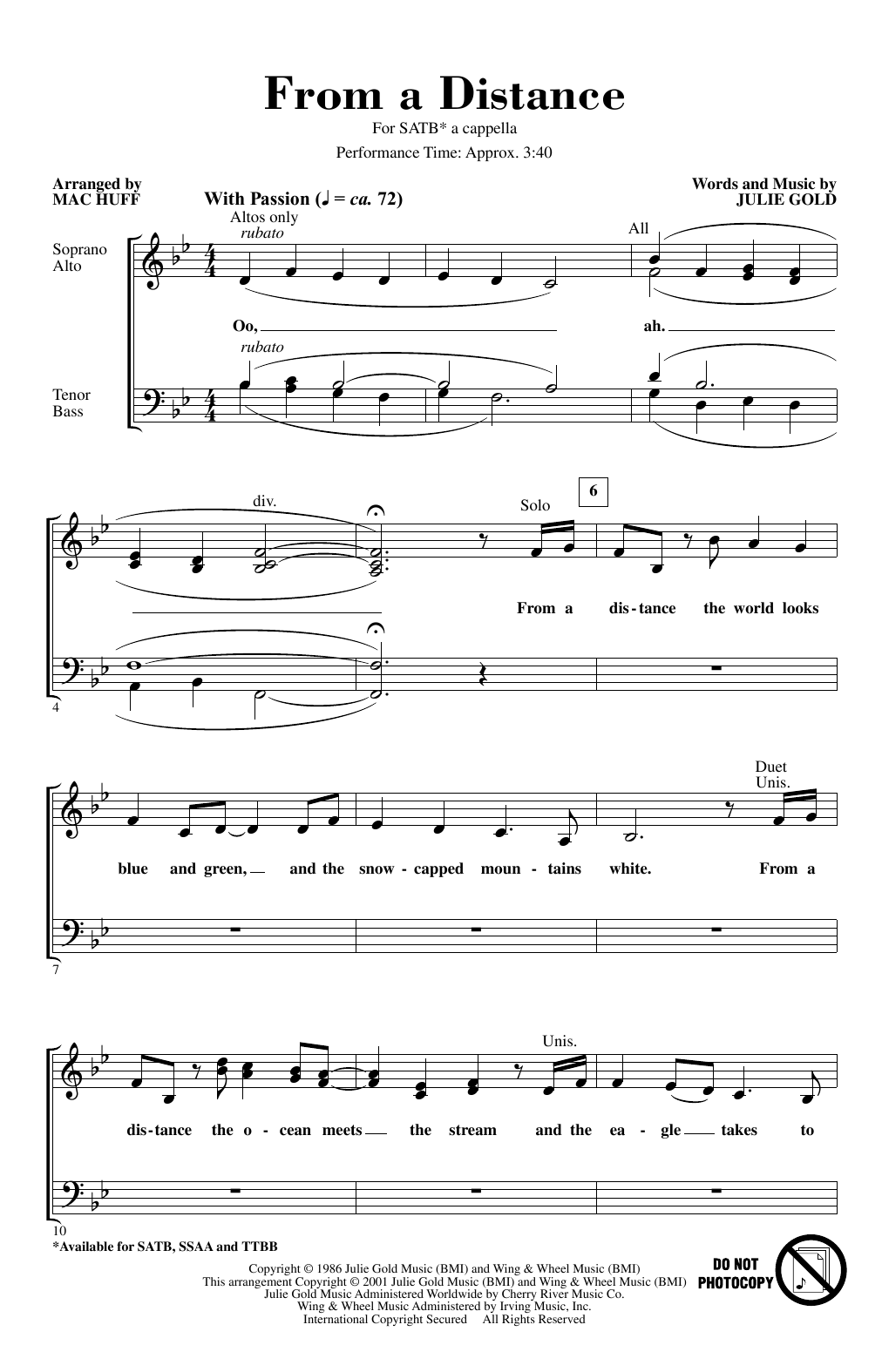 Download Bette Midler From A Distance (arr. Mac Huff) Sheet Music and learn how to play TTBB Choir PDF digital score in minutes