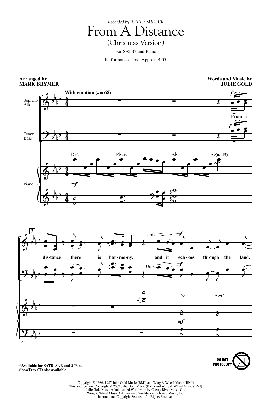 Download Bette Midler From A Distance (Christmas Version) (arr. Mark Brymer) Sheet Music and learn how to play SATB Choir PDF digital score in minutes