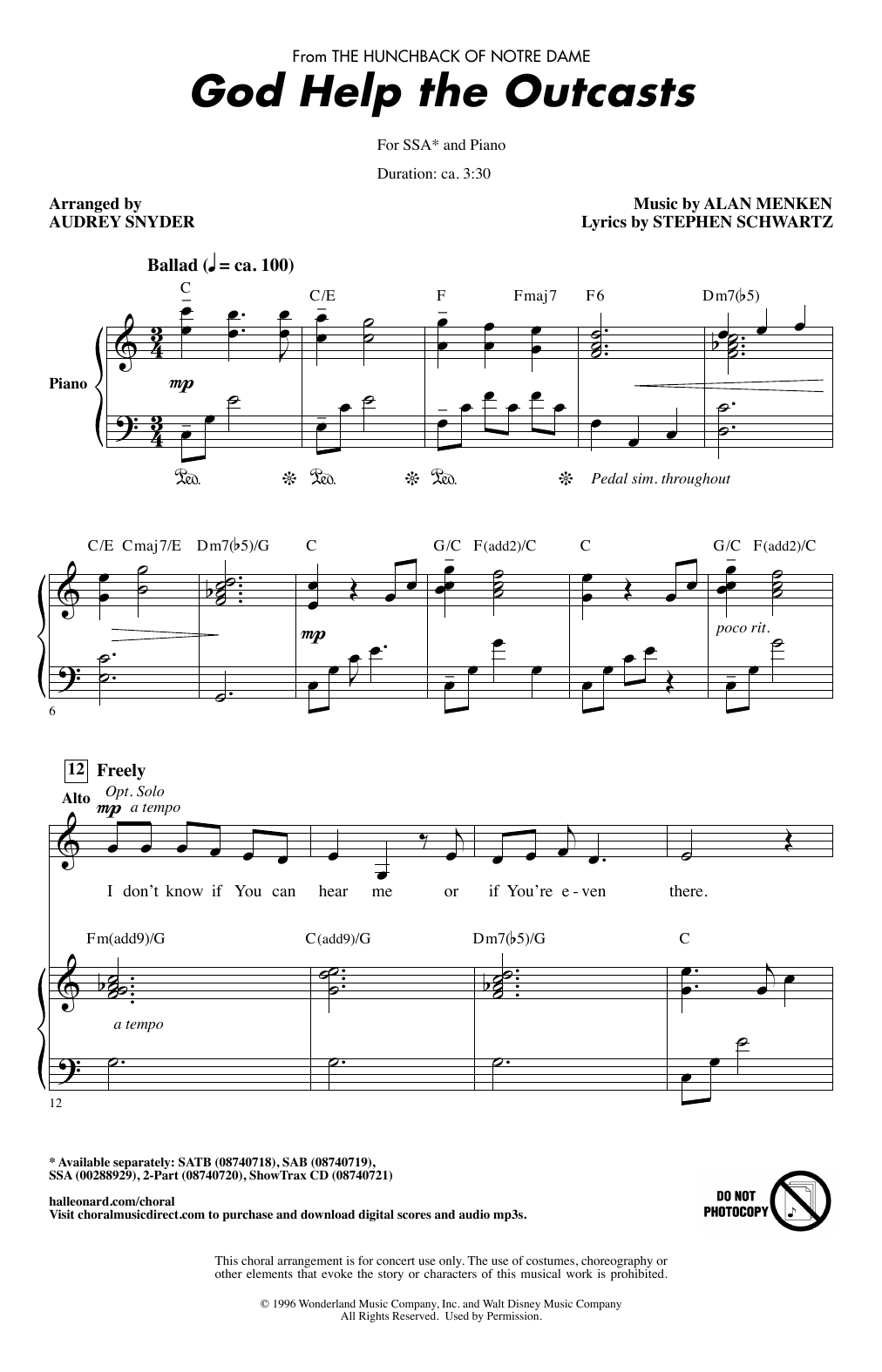 Download Bette Midler God Help The Outcasts (from The Hunchback Of Notre Dame) (arr. Audrey Snyder) Sheet Music and learn how to play SAB Choir PDF digital score in minutes
