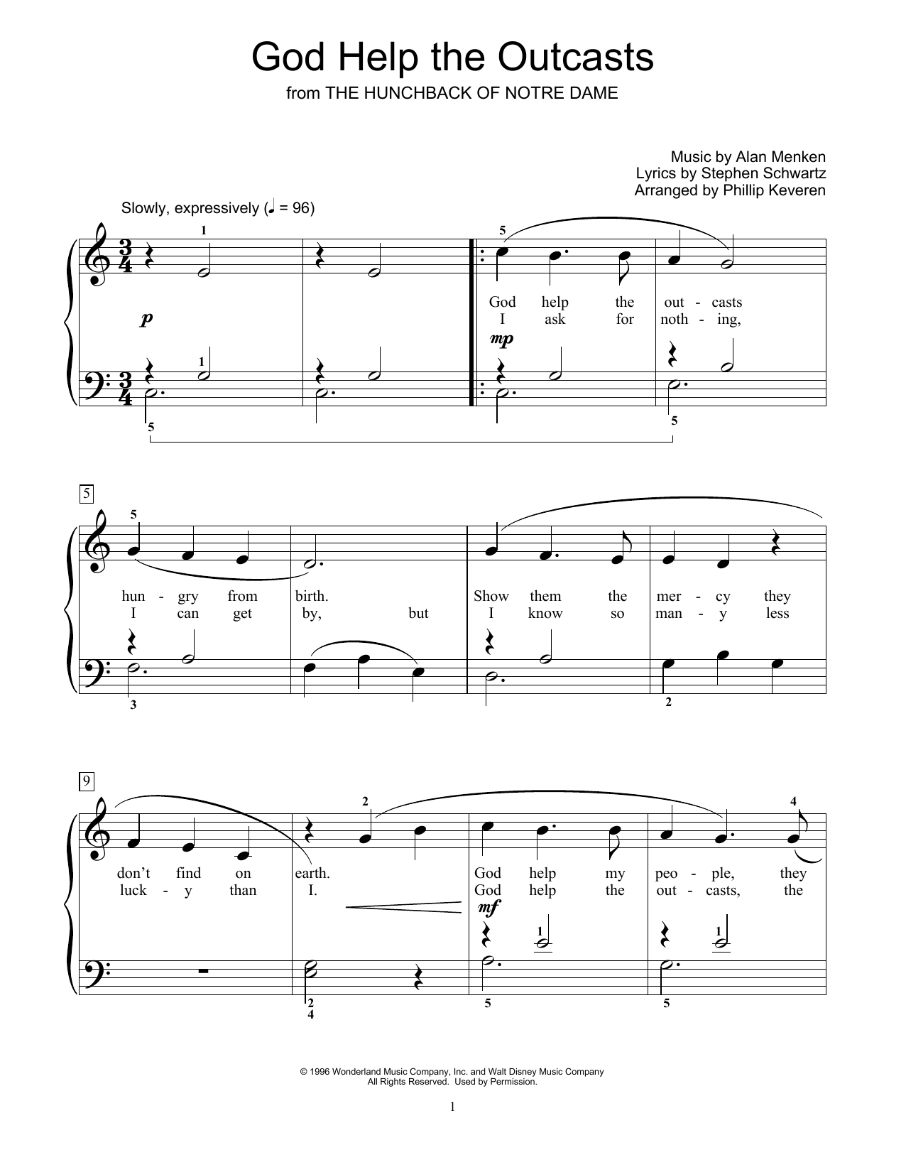 Download Bette Midler God Help The Outcasts (from The Hunchback Of Notre Dame) (arr. Phillip Keveren) Sheet Music and learn how to play Educational Piano PDF digital score in minutes