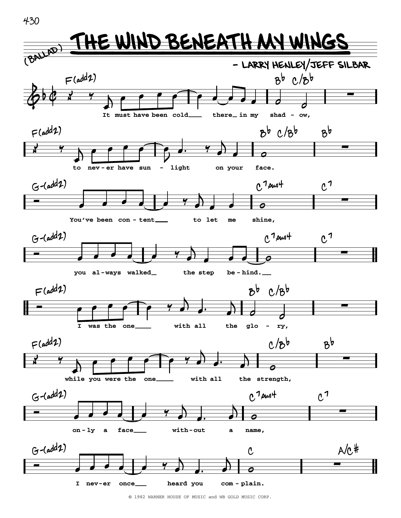 Download Bette Midler The Wind Beneath My Wings (High Voice) Sheet Music and learn how to play Real Book – Melody, Lyrics & Chords PDF digital score in minutes