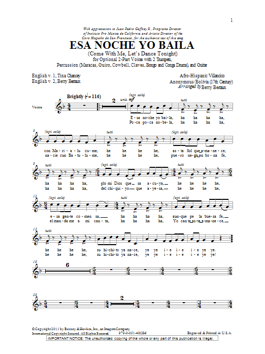 Download Betty Bertaux Esa Noche Yo Baila (Come With Me, Let's Dance Tonight) Sheet Music and learn how to play 2-Part Choir PDF digital score in minutes